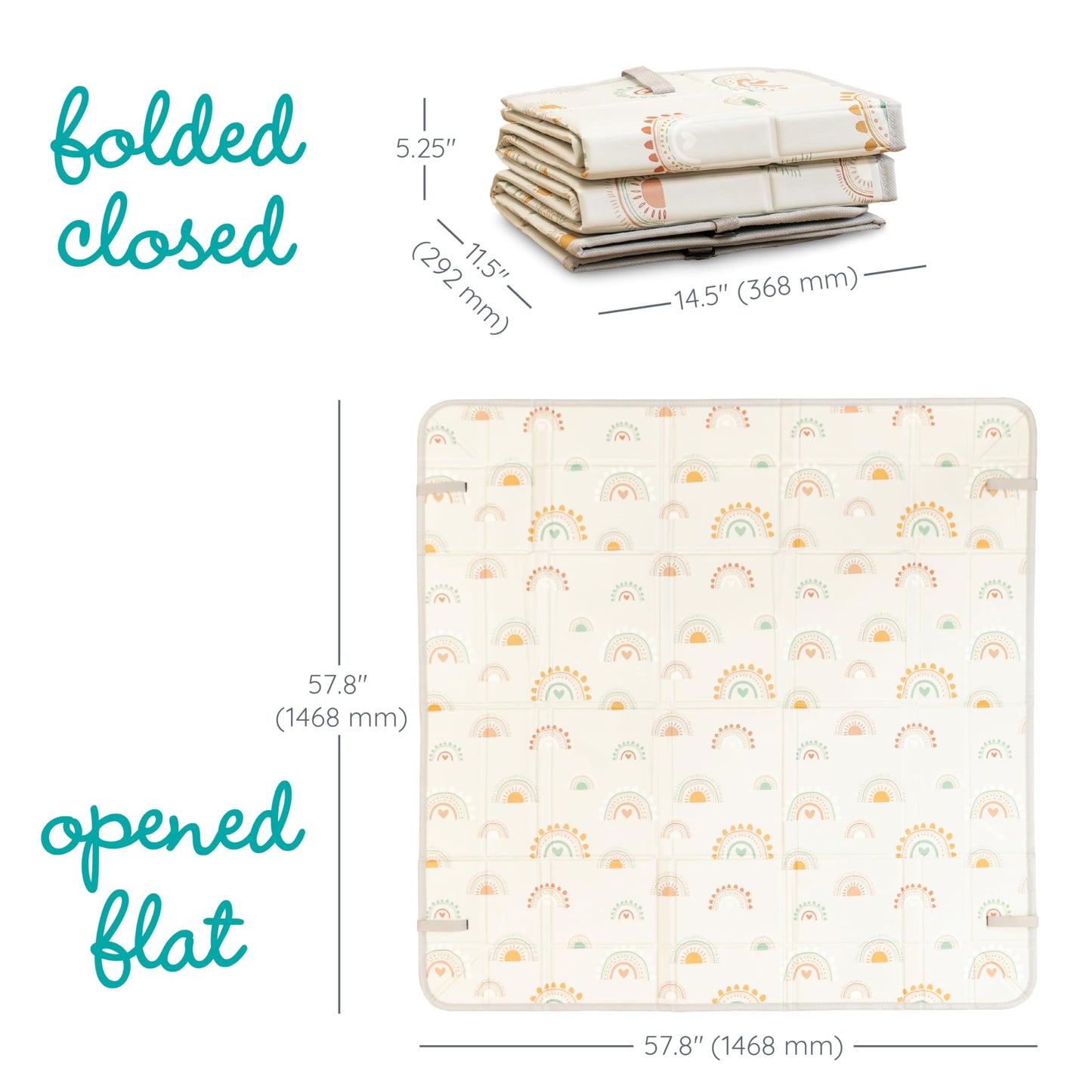 Infantino Foldable Soft Foam Play Mat, Reversible 57x57” Baby Mat for Floor Time, Lightweight, Portable & Easy to Store, Water Resistant, Wipeable, Rainbows