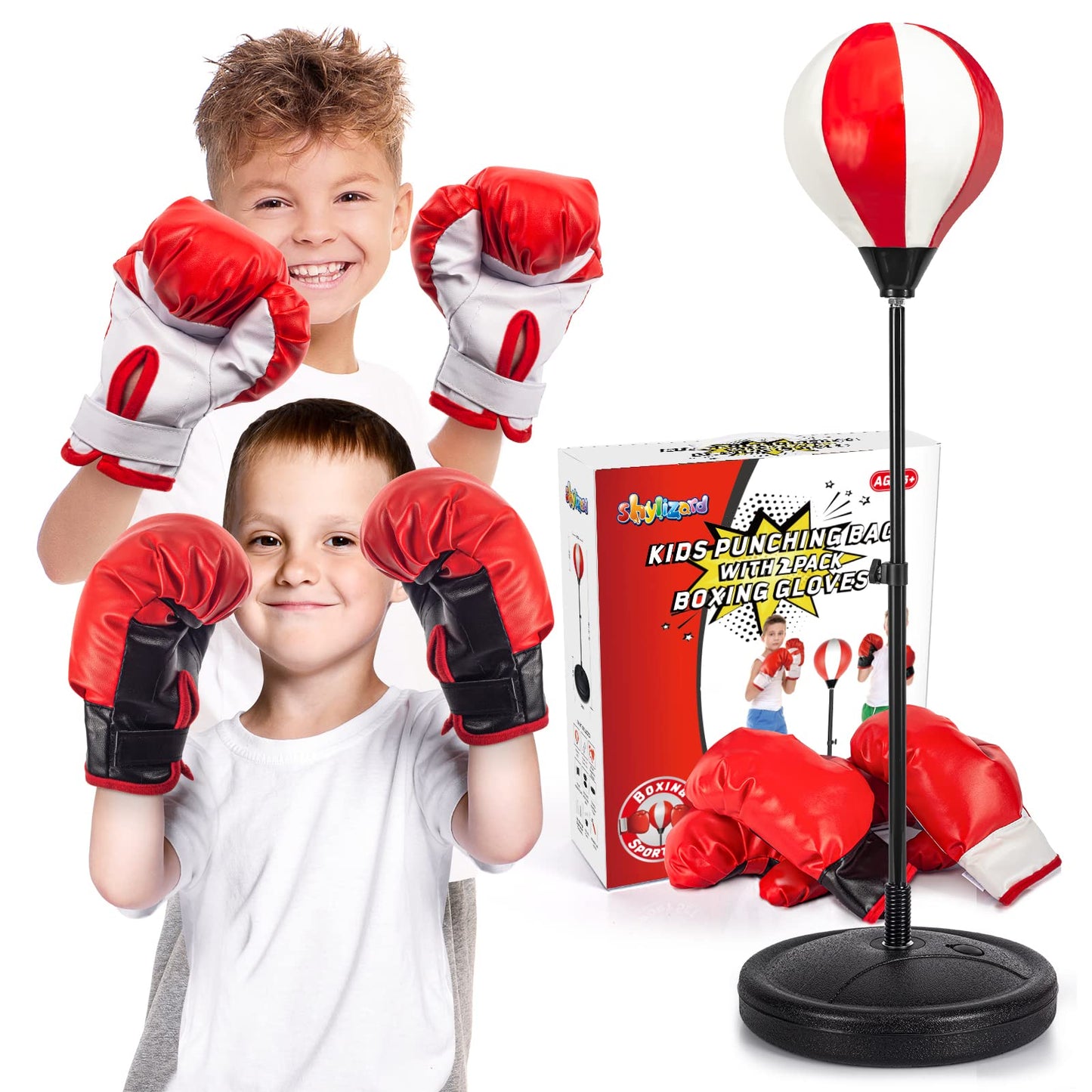 ShyLizard Punching Bag for Kids Included 2 Pack Boxing Gloves, Boxing Toy Sets with Height Adjustable Stand for Boys, Sports Gifts for Boys & Girls Age 5,6,7,8,9,10 Years Old