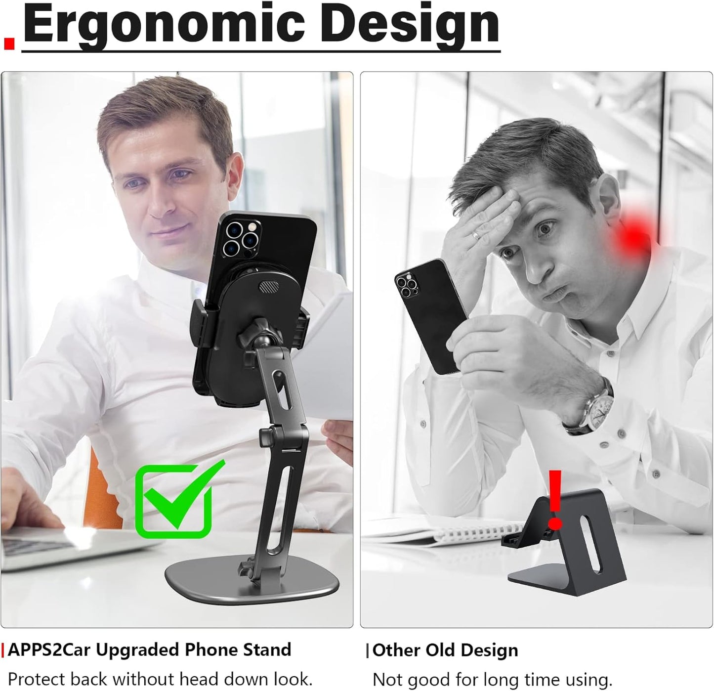 APPS2Car 360 Phone Stand for Desk [No Dropping Stable Triple-Clamp Holder] Adjustable Height Degree Rotation Heavy Base