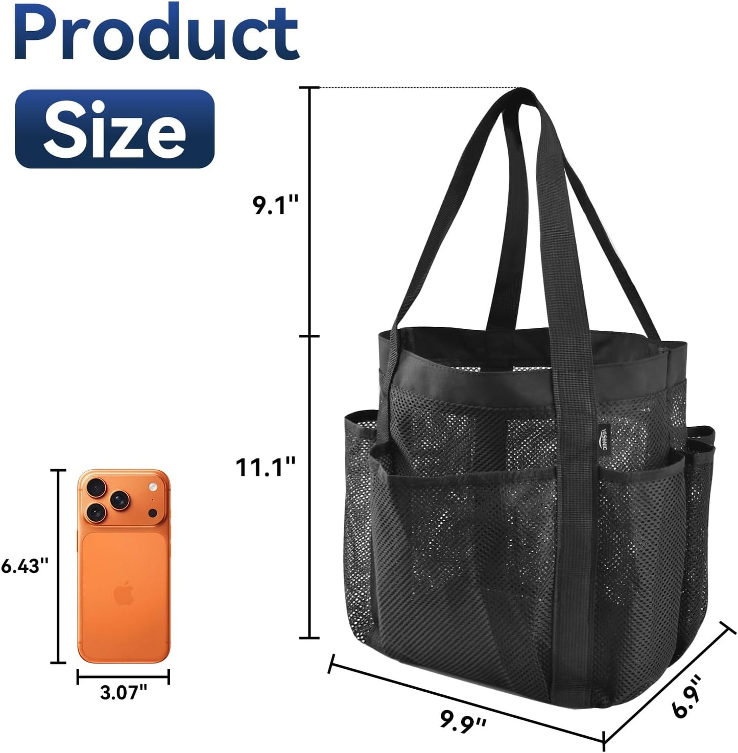 YASONIC Mesh Shower Caddy - Portable 8-Pocket Shower Bag with Double Handles | Black for Dorm & Gym Use