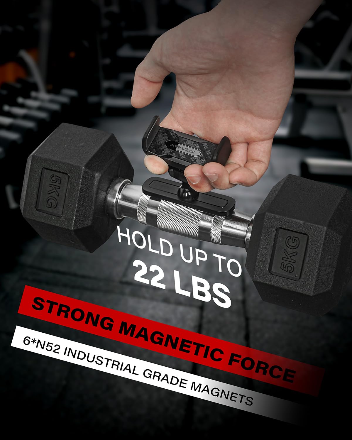 APPS2Car Magnetic Phone Holder for Gym, Alloy Base and Joint for Strong Hold, 360° Adjustable, Compatible with 4.7-6.5 Inch iPhone & Android Phones, Gym Accessories Gift for Men Women
