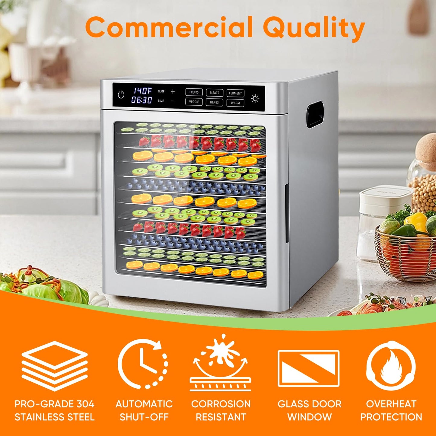 Commercial Food Dehydrator 12 Tray Stainless Steel with One-Touch Presets, 800W Professional Jerky Maker with Dual Fans, 360° Airflow, 86°F-185°F Digital Timer for Herbs, Fruits, Dog Treats