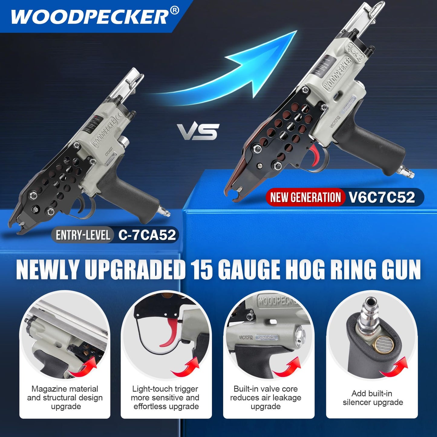 WOODPECKER V6C7CF52 3/4-Inch Pneumatic Hog Ring Gun 15 Gauge 0.205"-0.228" Closure Diameter with Stainless Steel Magazine, Air Hog Ring Plier for Fencing, Cages, Spring Mattress