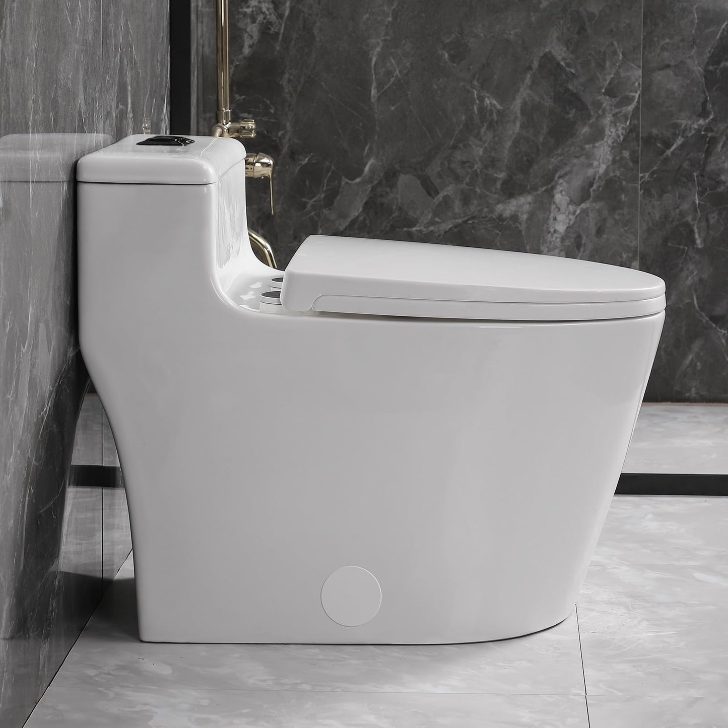 SouNor 12"Rough-in Ceramic One Piece Elongated Toilet for Modern Bathroom with Top Dual Flush (0.8/1.6GPF) Soft Close Seat ADA Standard Seat Height with Black Button.