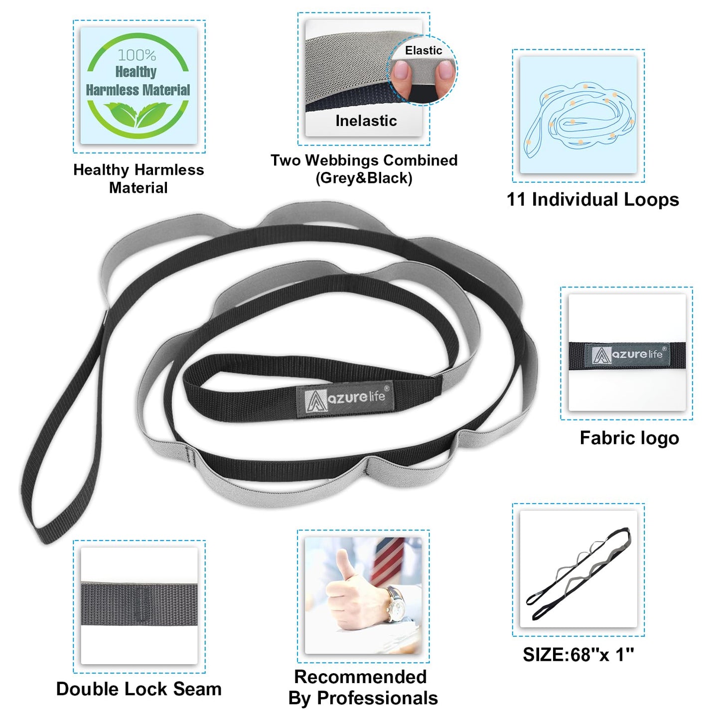 A AZURELIFE Half-Elastic Stretch Straps with 11 Loops, Stretching Strap for Physical Therapy, Multi-Loop Yoga Strap Fitness Exercise Strap for Yoga, Pilates, Dance, Flexibility&Exercise