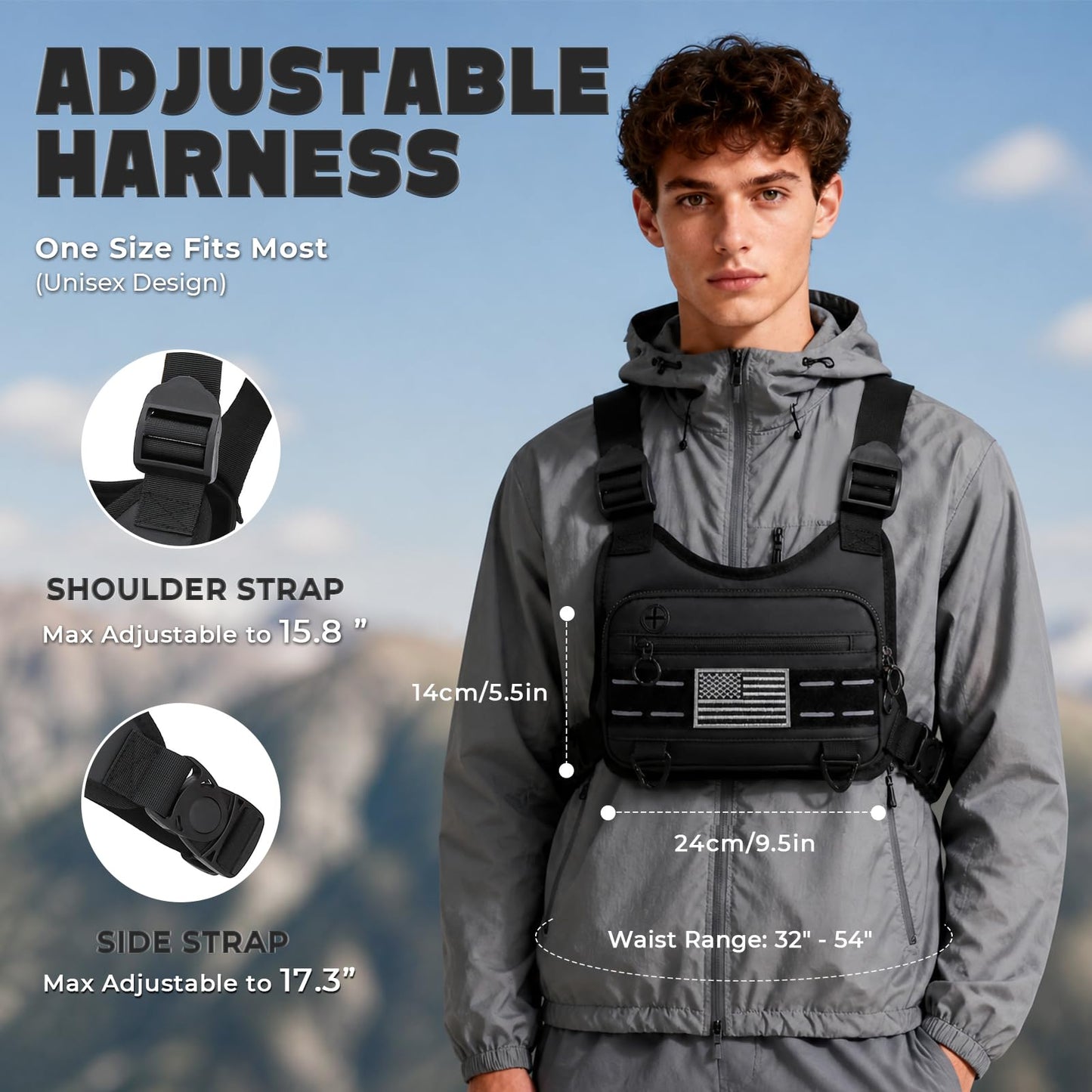 Muserise Sports Chest Bag For Men, Water Resistant Lightweight Front Running Vest Bag With Built-In Phone Holder & Extra Storage For Workouts, Cycling (Black)