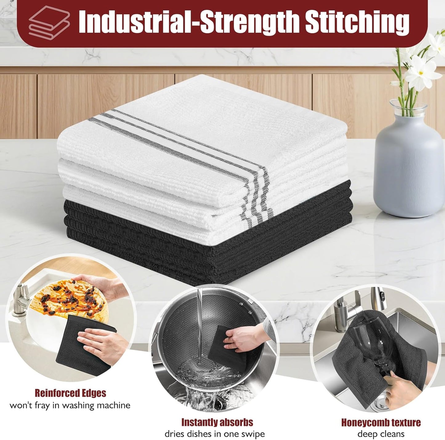 Skiennix Oven Mitts & Pot Holder Set - 500°F Heat Resistant Silicone Grip | 6 Pack Cotton Dish Towels - Black Kitchen Essentials