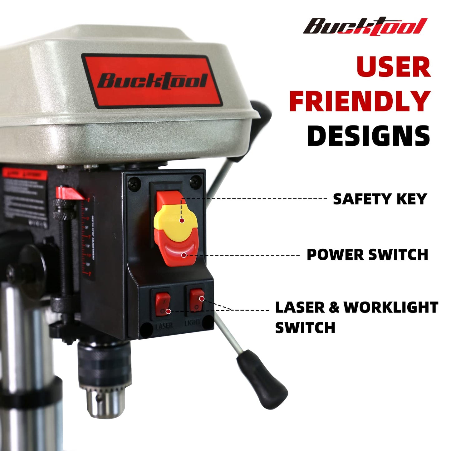 BUCKTOOL 10-Inch Drill Press 6.2 Amp 3/4 HP Bench Drill Press 5-Speed Benchtop Drilling Machine with LED Work Light