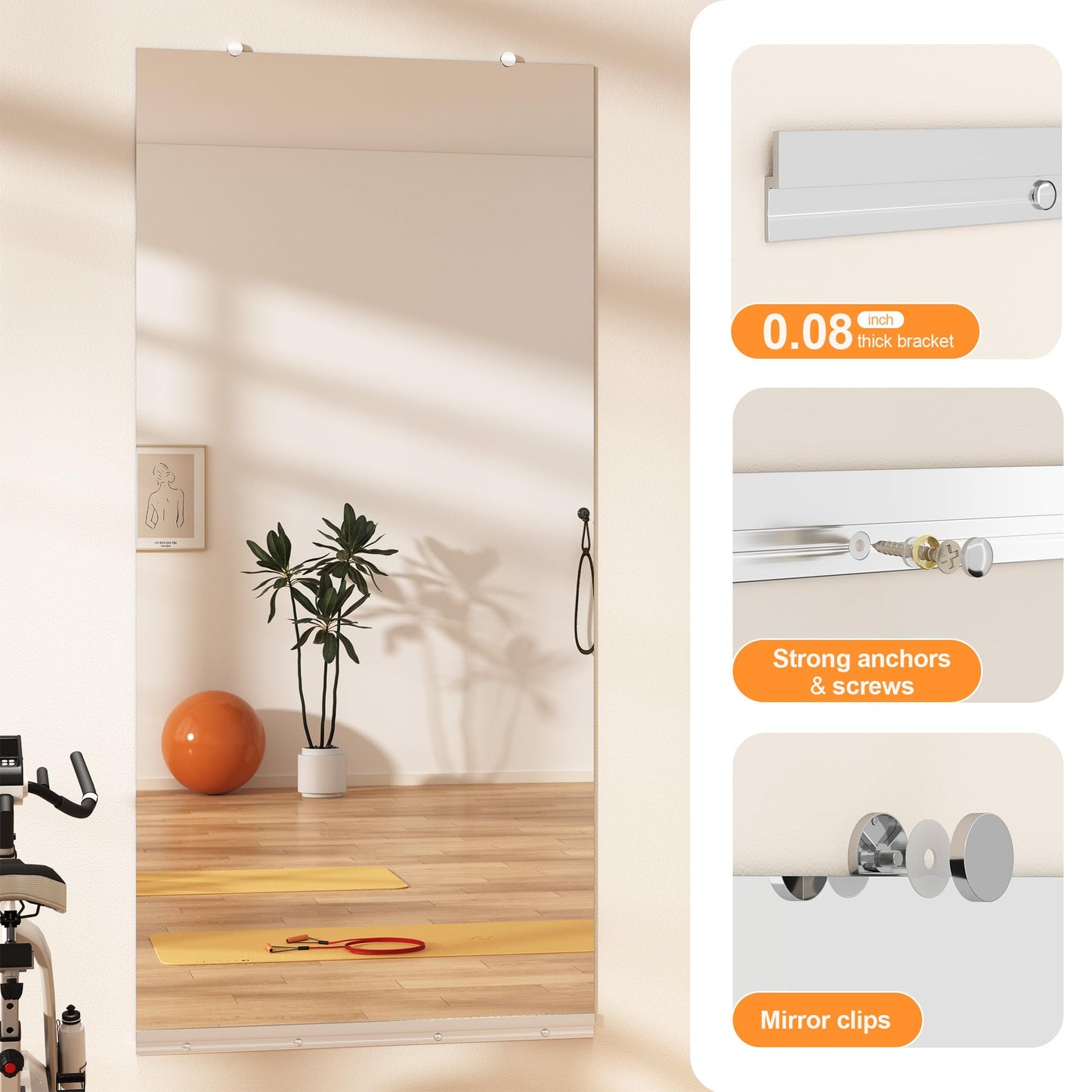 Hasipu Home Gym Mirror, 48"x24" Each, 3-Pack Frameless Wall Mounted Mirrors with Glass Clamps & 2 Aluminum Rail, Large Body Mirror for Home Gym, Yoga Studio, Bedroom, Silver Tempered Glass
