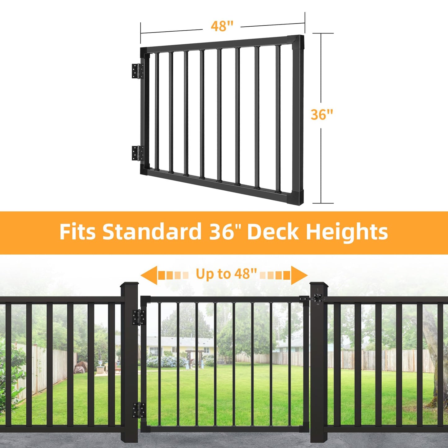 Deck Gate Outoor, 36″ Black Heavy Duty Steel Anti-Rust Fence Door with Adjustable Width (Up to 48"), Easy Installation Metal Gate for Residential, Yard, Patio, with Hinges and Latch