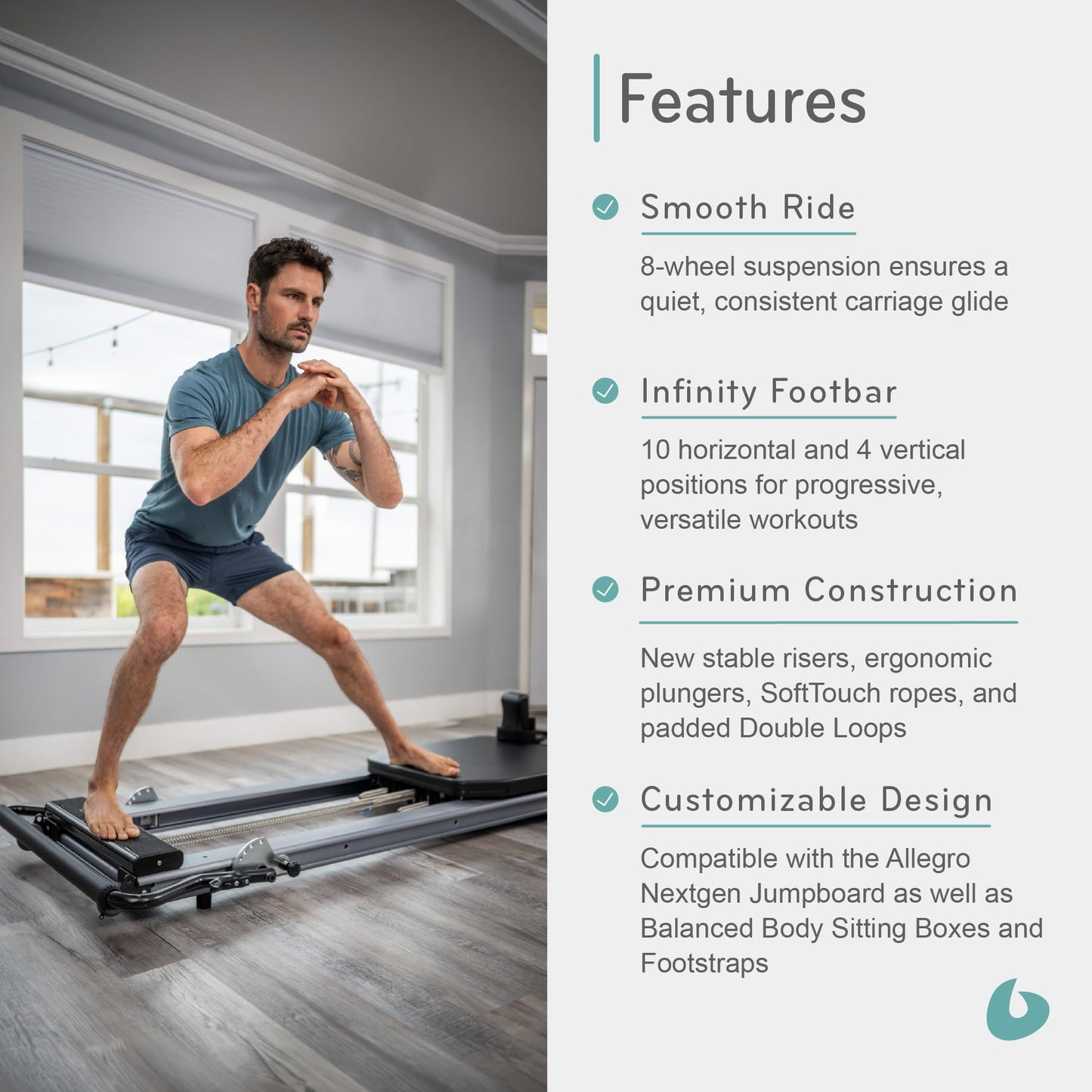 Balanced Body Allegro Nextgen Reformer Standard No Legs, Pilates Equipment for Home and Studio Workouts