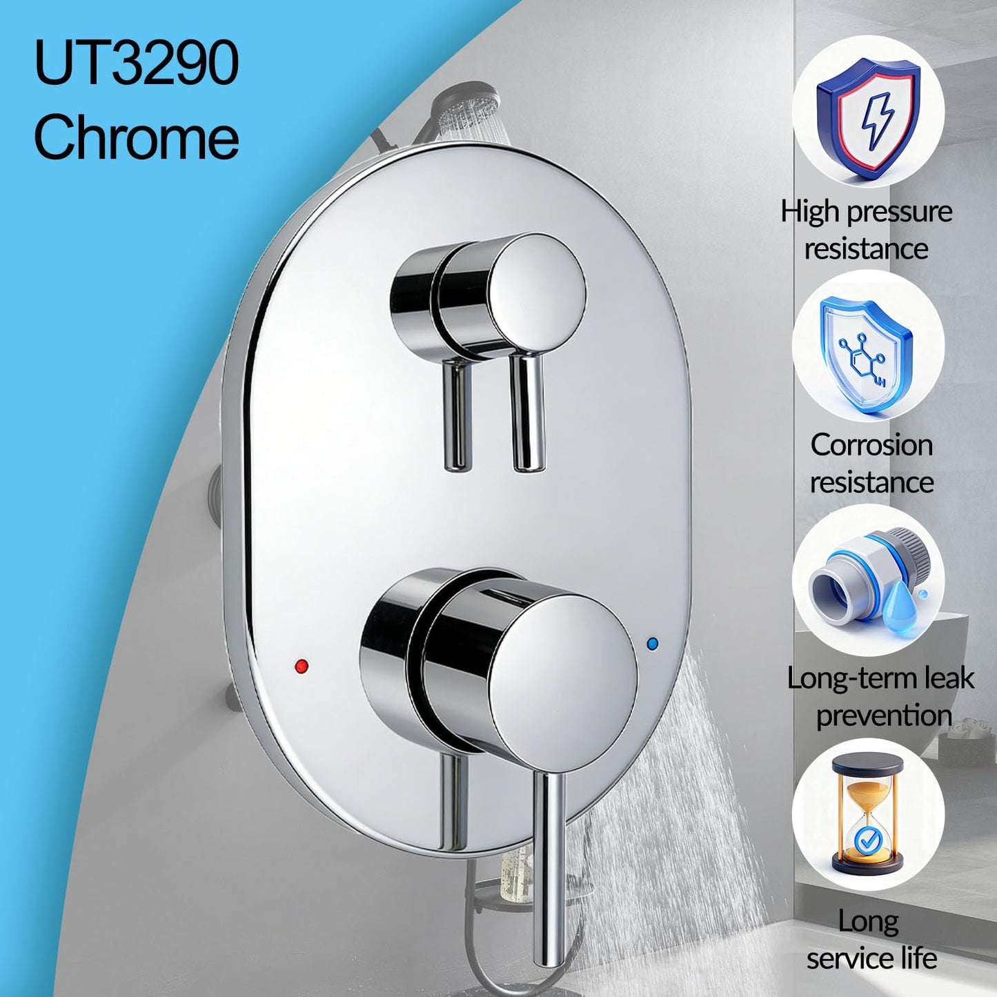 UT3290 Chrome Shower Valve Trim Kit for Moen Align M-CORE 3-Series 2-Handle Shower Faucet Trim, Shower Handle Trim Includes 1213 Cartridge for Moen U232 U362 M-CORE Mixing Valve, Valve Required