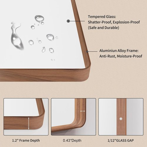 LOAAO Bathroom Mirror - 40x24 Inch Rounded Rectangle with Wood Grain Metal Frame | Anti-Rust, Versatile Hanging Options