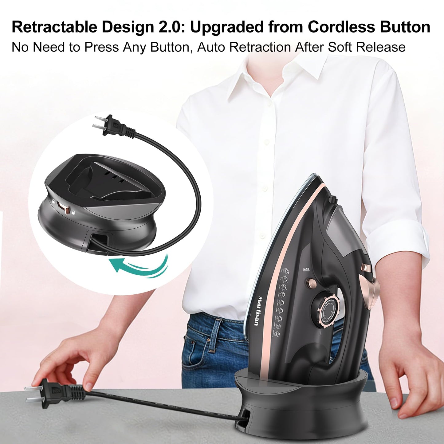 Martisan Cordless Iron for Clothes, 1600W, Wireless, Rapid Heating, Retractable Cord, Power Charging Base, Ceramic Soleplate, Auto-off, Anti-calc, Anti-drip, Self Clean