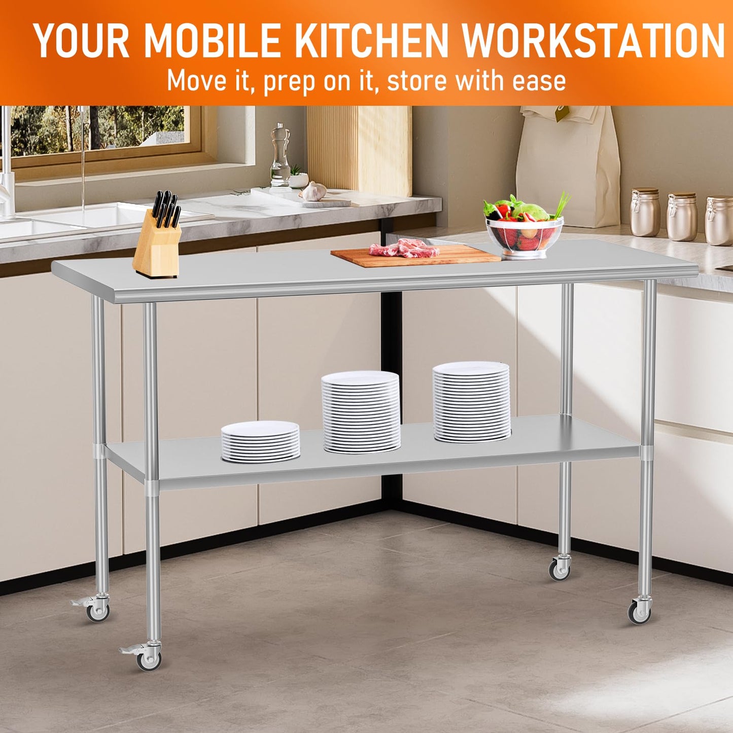 HOCCOT Stainless Steel Table with Wheels for Food Prep & Work 30" x 60" Utility Table with Adjustable Undershelf, Commercial Workstation in Kitchen, Garage, Home and Hotel