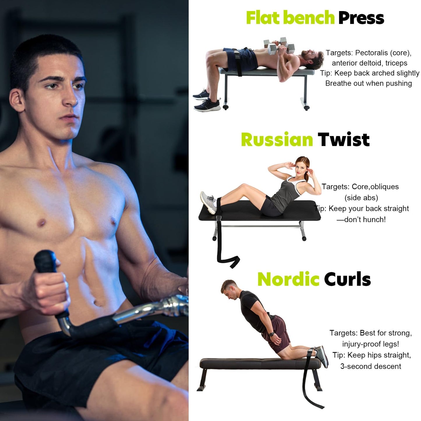 ADECTA Nordic Hamstring Curl Strap, 6.5FT Gym Seatbelt and Exercise Straps for Hamstring Stretch Strap & Mobilization Belt,Home Gym Women Men, Lifting Seatbelt Gym, Black