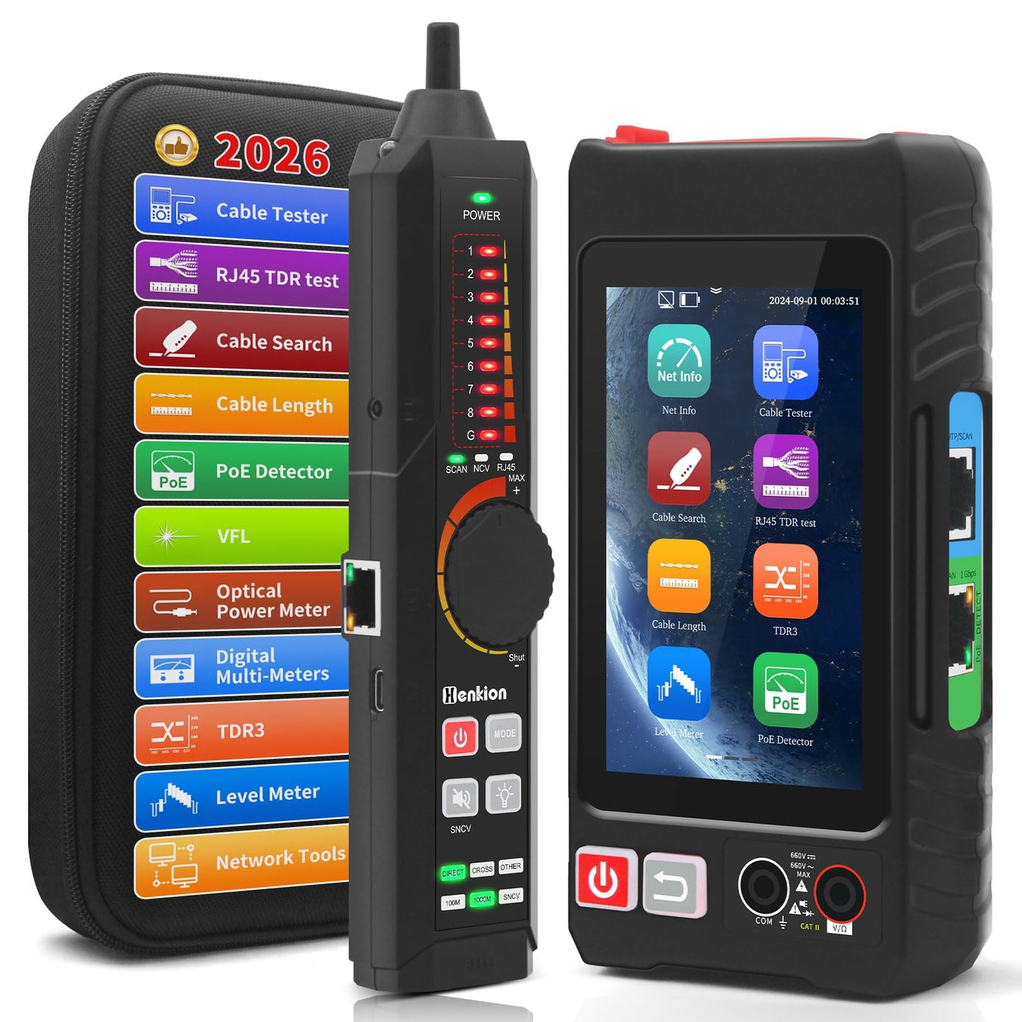 Multifunction RJ45 Network Caber Tester,Full Features UTP Cable Tester Cable Tracer,4" IPS Touch Screen Support TDR,DMM,OPM,POE++ Detect,Level Meter,Ethenet Network Tester,RJ45 TDR,Length,FTP(LT-600T)