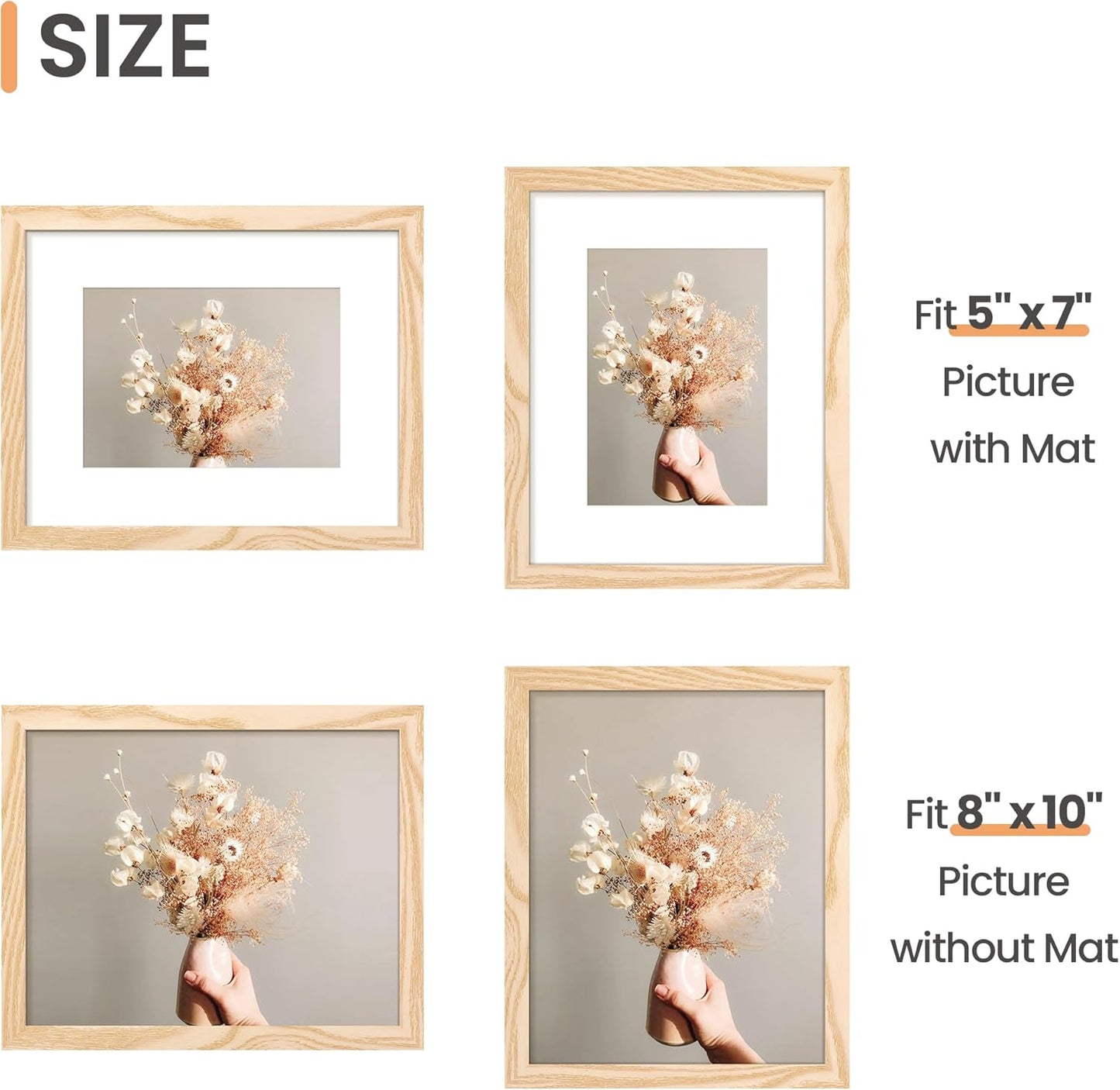 Upsimples 8x10 Picture Frame - Versatile Display for 5x7 or 8x10 Photos, Natural Finish, 1 Pack