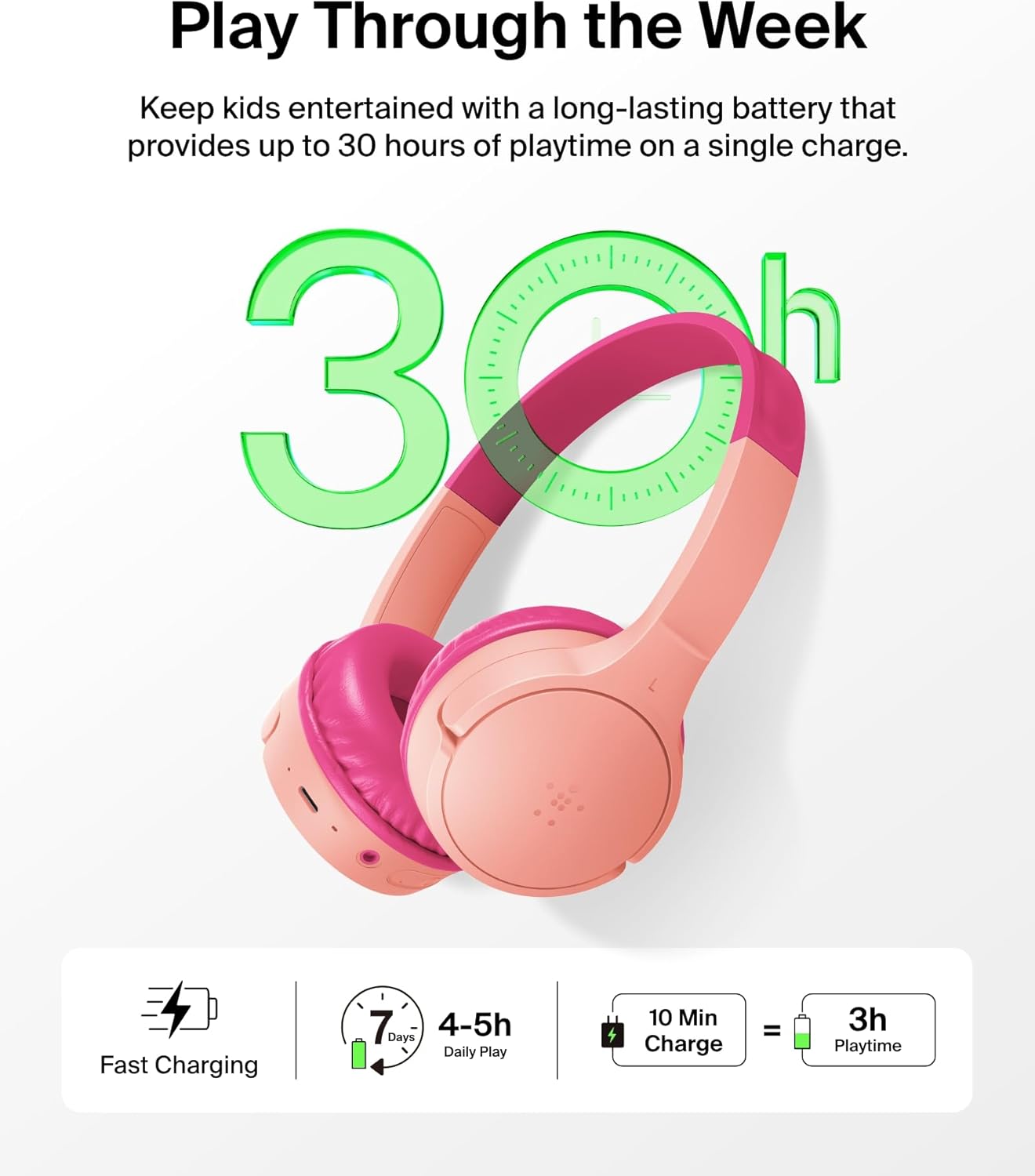 30H 85dB Belkin SoundForm Mini - Wireless Bluetooth Kids Headphones, Battery, Safe Volume Limit, Built-in Microphone