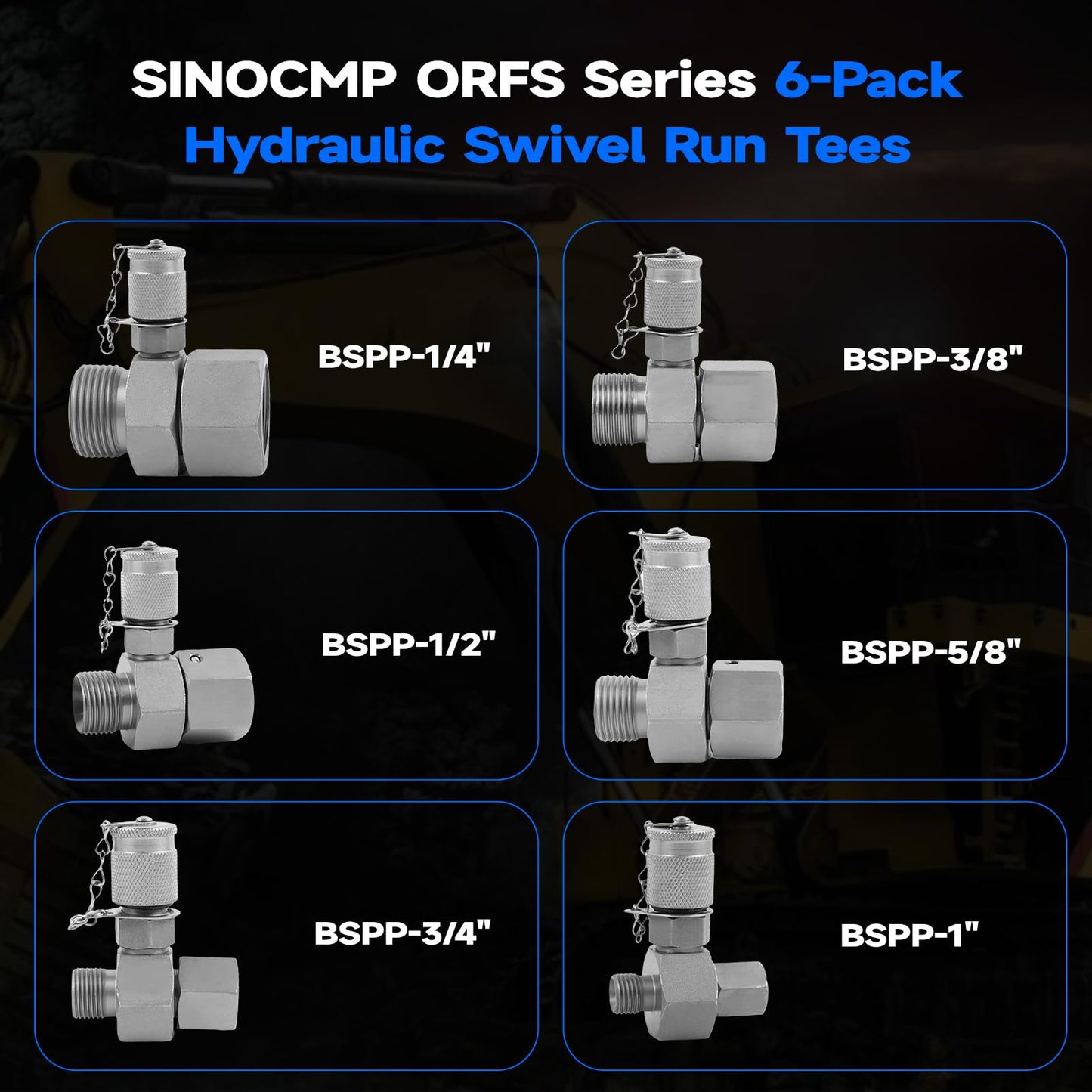 SINOCMP BSPP 6 Pack Hydraulic Swivel Run Tees Connector Tester Coupling Set for Excavator Construction Machinery Hydraulic System