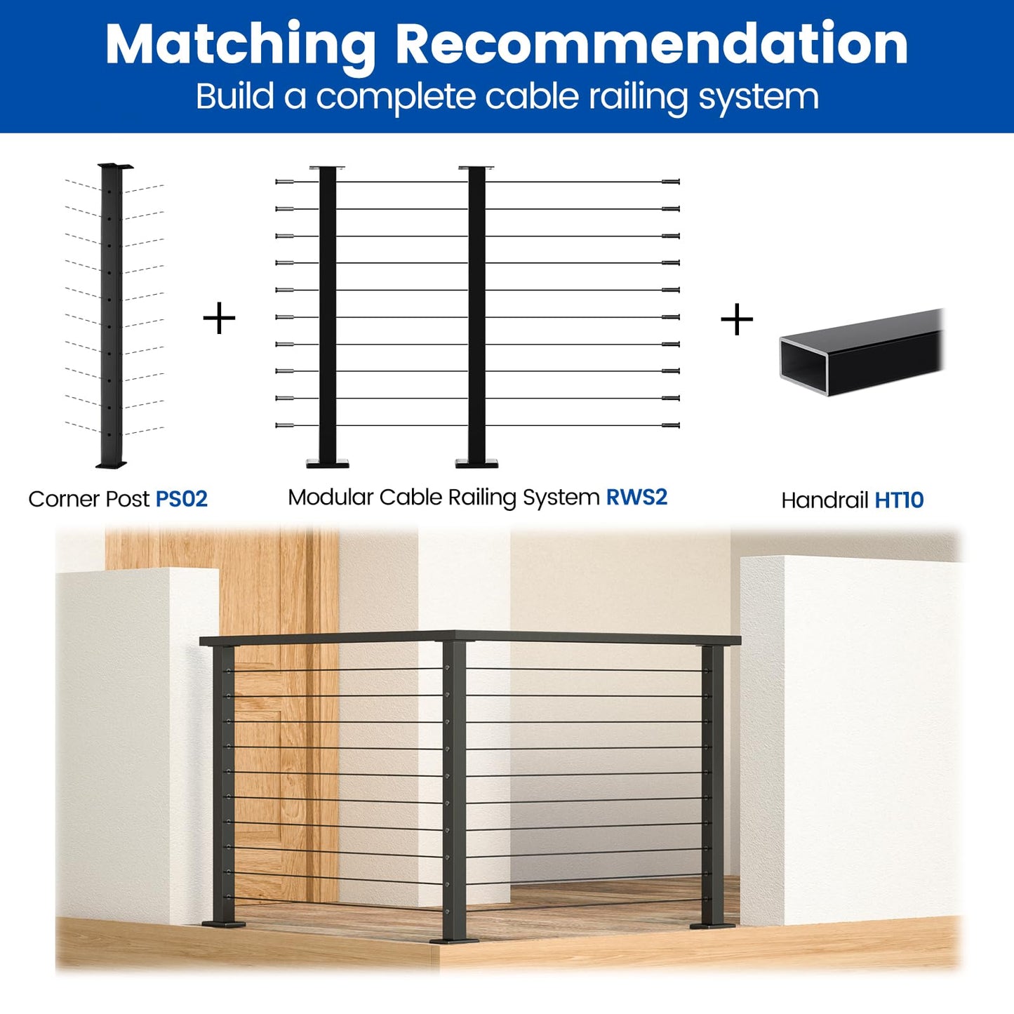 Muzata Black Corner Cable Railing Post 36 Inch 36"x2"x2" T-drilled One-Post Corner Solution Surface Mount Stainless Steel Cable Railing System Kit Indoor Outdoor with Paper User Guide PS02 B34S
