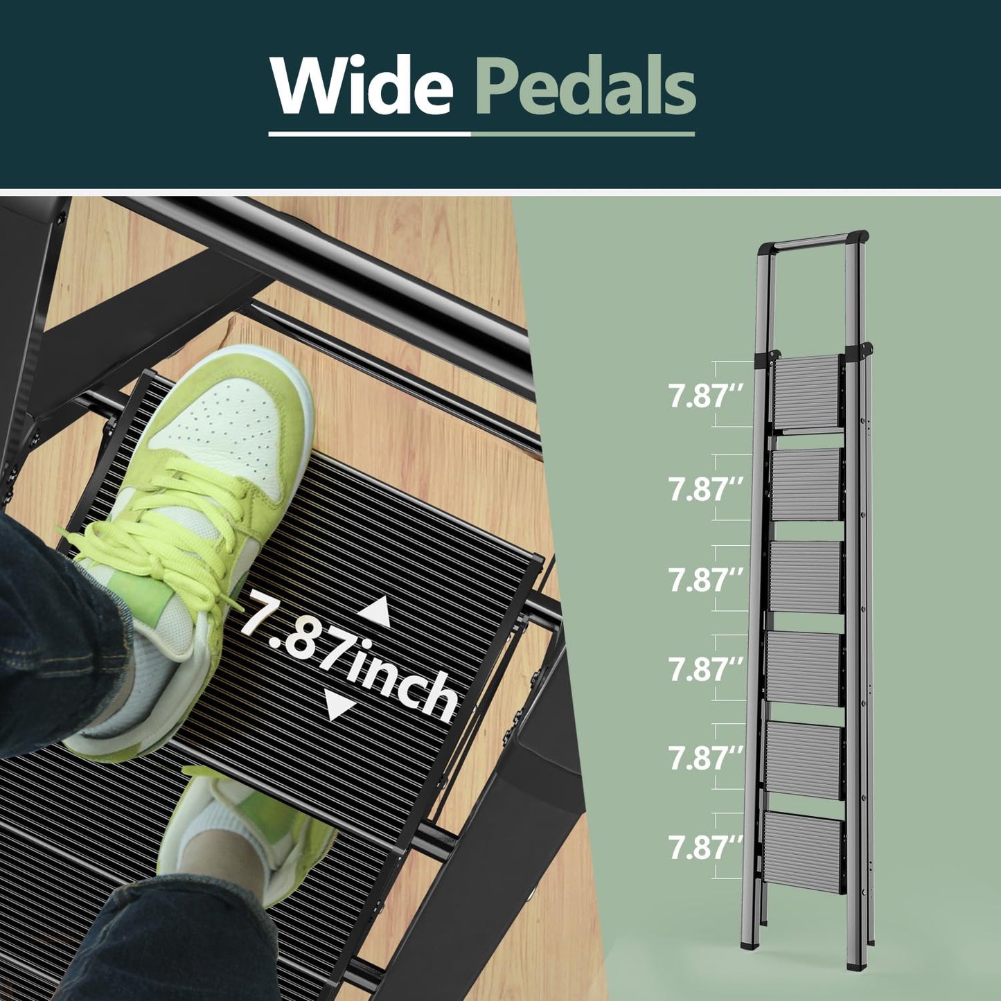 WOA WOA 6 Step Ladder for 12 Feet High Ceiling, Lightweight Foldable Ladder with Non-Slip Wide Pedals, Stepladder with Safe Handrail, Space Saving for Home, Kitchen, Indoor & Outdoor 300lbs - Black