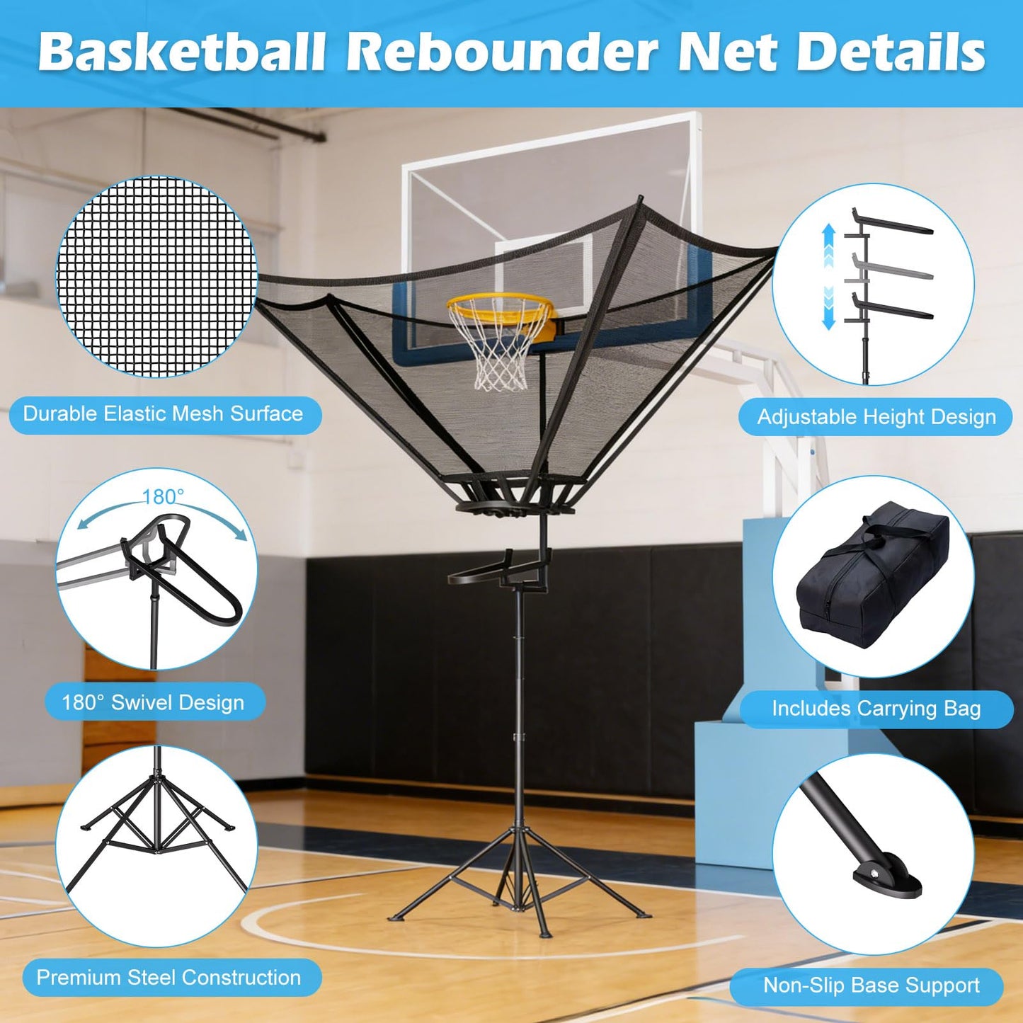 2026 Upgraded Basketball Rebounder, Adjustable Height Basketball Return Attachment with 180° Rotating Track, Basketball Shot Trainer Rebounder with Net Return System, Easy Assembly & Storage