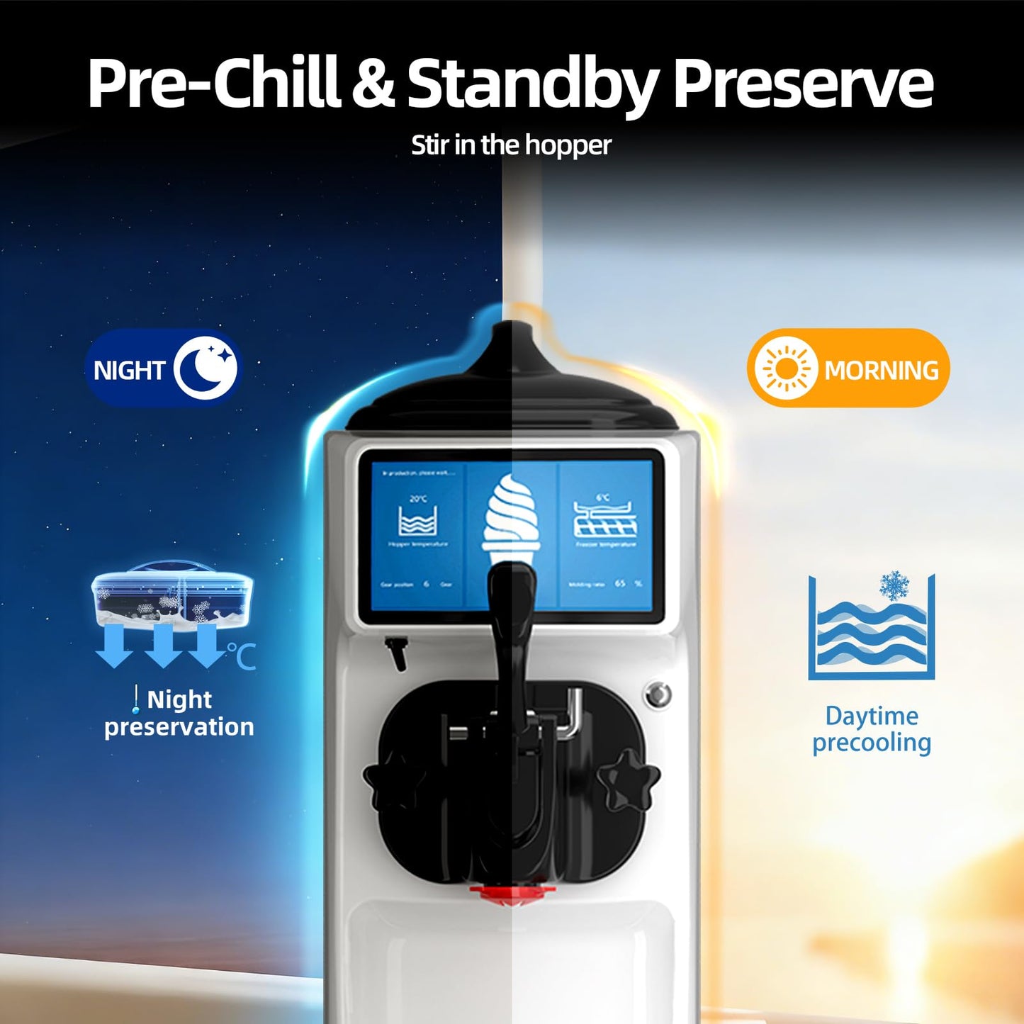GSEICE Soft Serve Ice Cream Machine, 4 to 4.5 Gal/H Ice Cream Maker 7 Inch Screen Soft Serve Machine with Pre-Cooling & Fresh-Keeping, 6L Stainless Hopper, Enclosed Body for Home Party Café Store