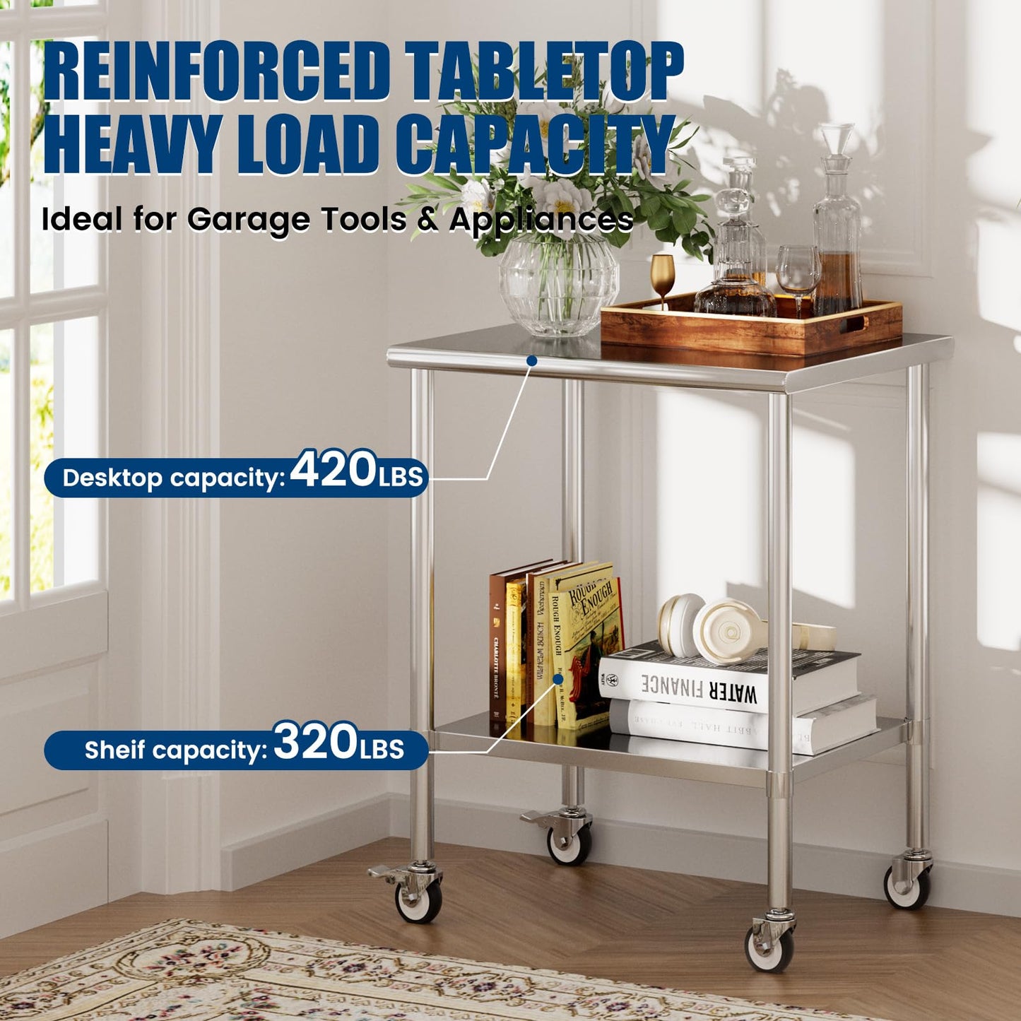 Chingoo Stainless Steel Work Table with Wheels, 24x30 Inch NSF Kitchen Prep Table with Adjustable Undershelf for Commercial Restaurant, Garage, Outdoor BBQ