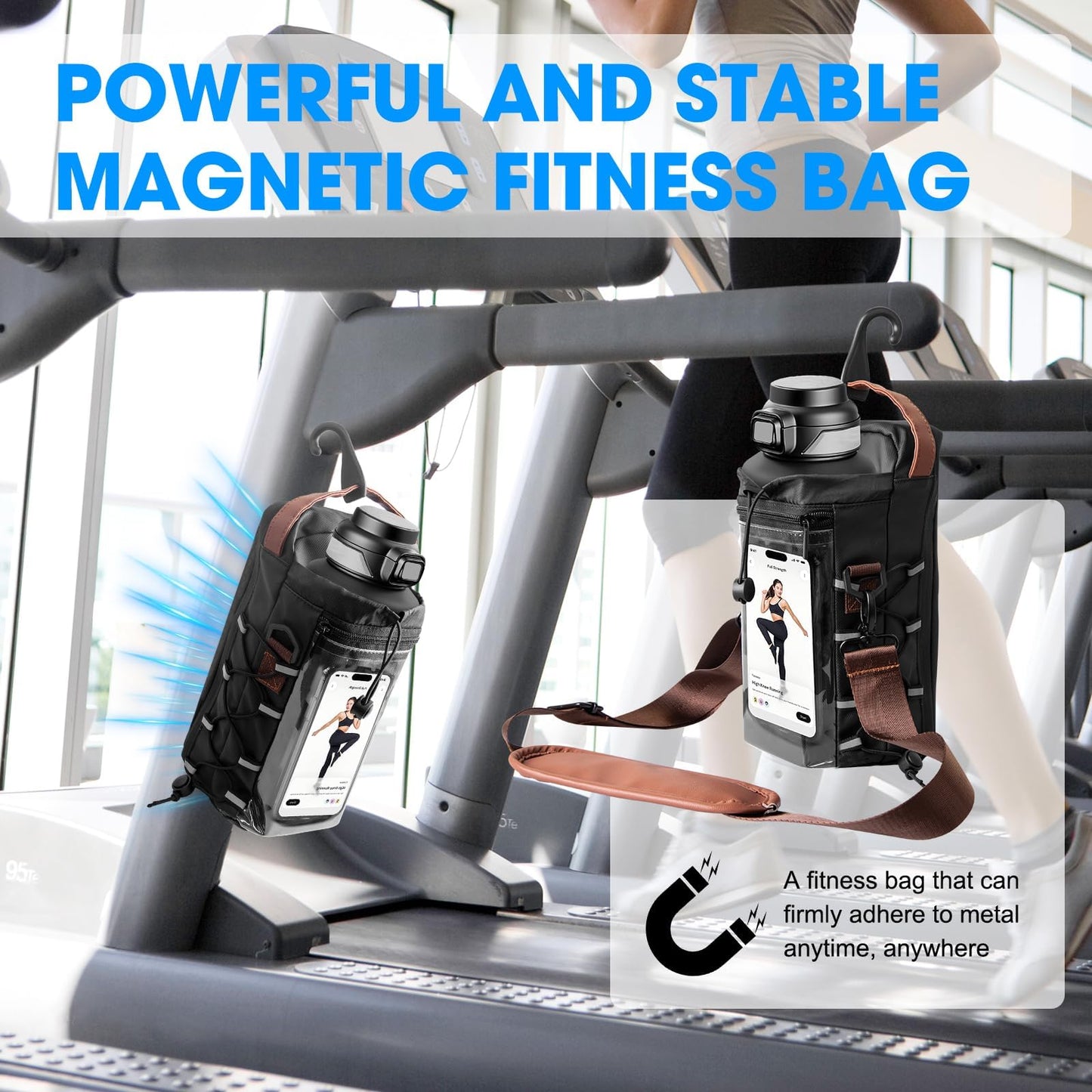 Nodfens Magnetic Gym Bag for Men and Women, Upgraded Small Gym Bag with Hook and Clear Design Phone, Magnetic Water Bottle Holder with Adjustable Strap