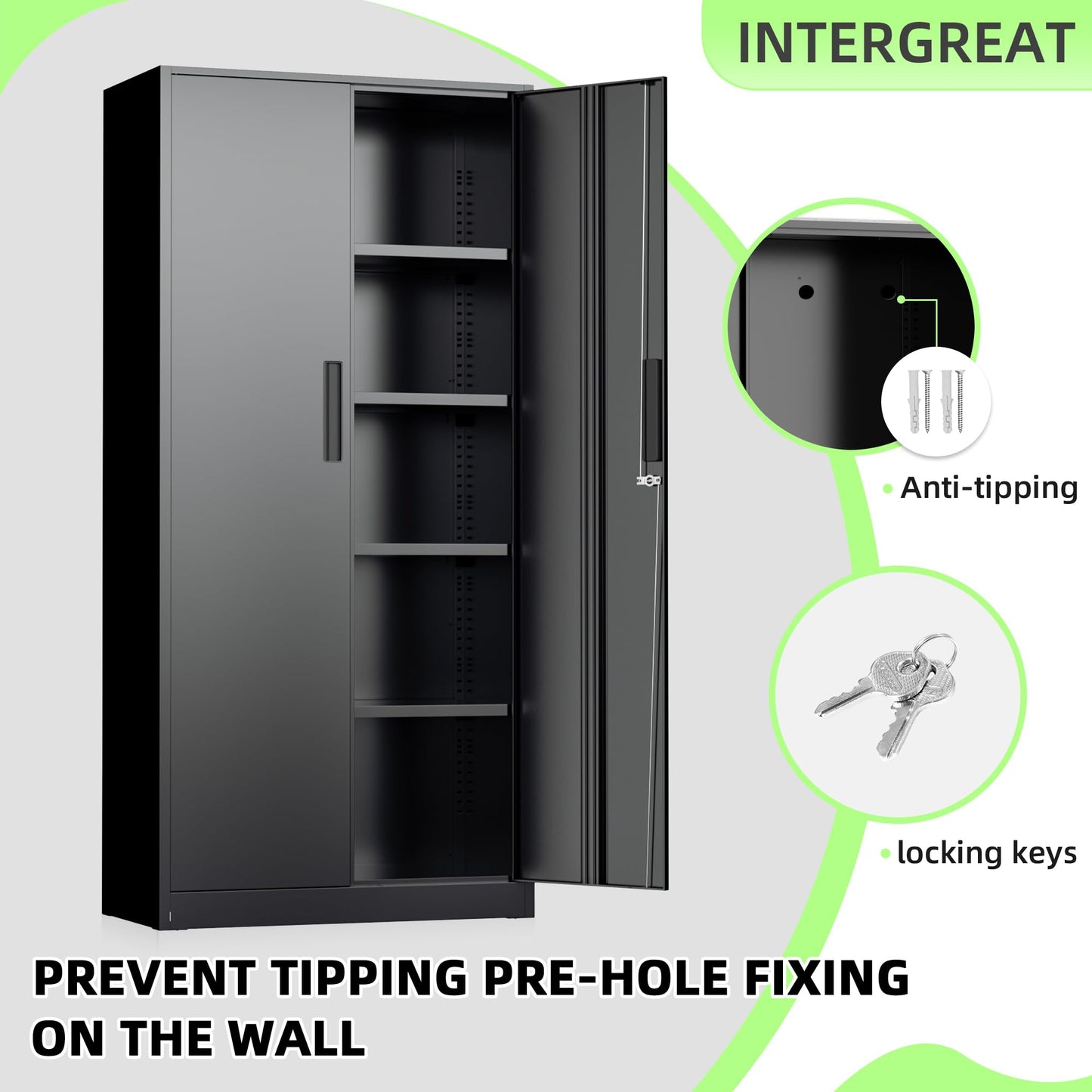 INTERGREAT Black Metal Storage Cabinet, 72" Locking Steel Cabinets with 2 Door and 4 Adjustable Shelves, Tall Metal Cabinet for Home Office, Garage, Warehouse