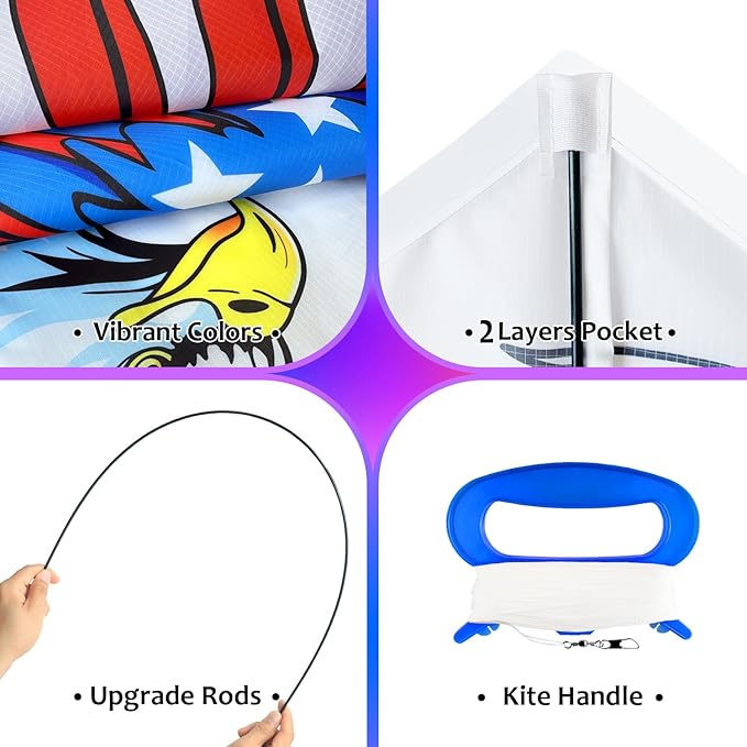 HONBO Eagle Kite, America Flag Kite for Kids and Adults. Wonderful Beginner Kite for Boys and Girls, Suitable for Ages 8-12, Best Single Line Kites Comes with 200ft String and Handle(Eagle)