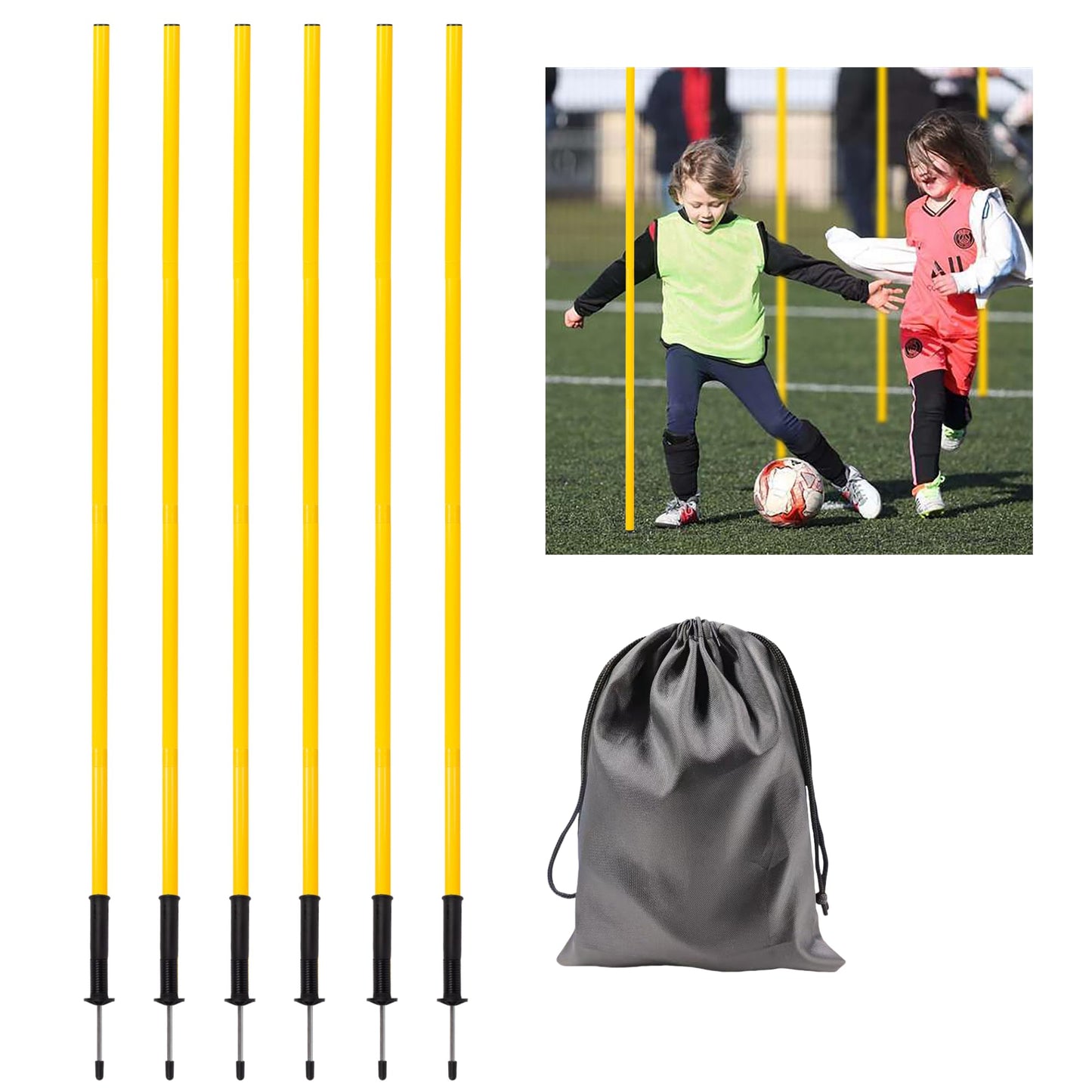6Pcs 5FT Agility Poles for Soccer,Basketball,Football,Dog,Horse Training-Adjustable Speed and Agility Training Equipment Sports Training Sticks with Ground Spring Nails and Storage Bag(Yellow)