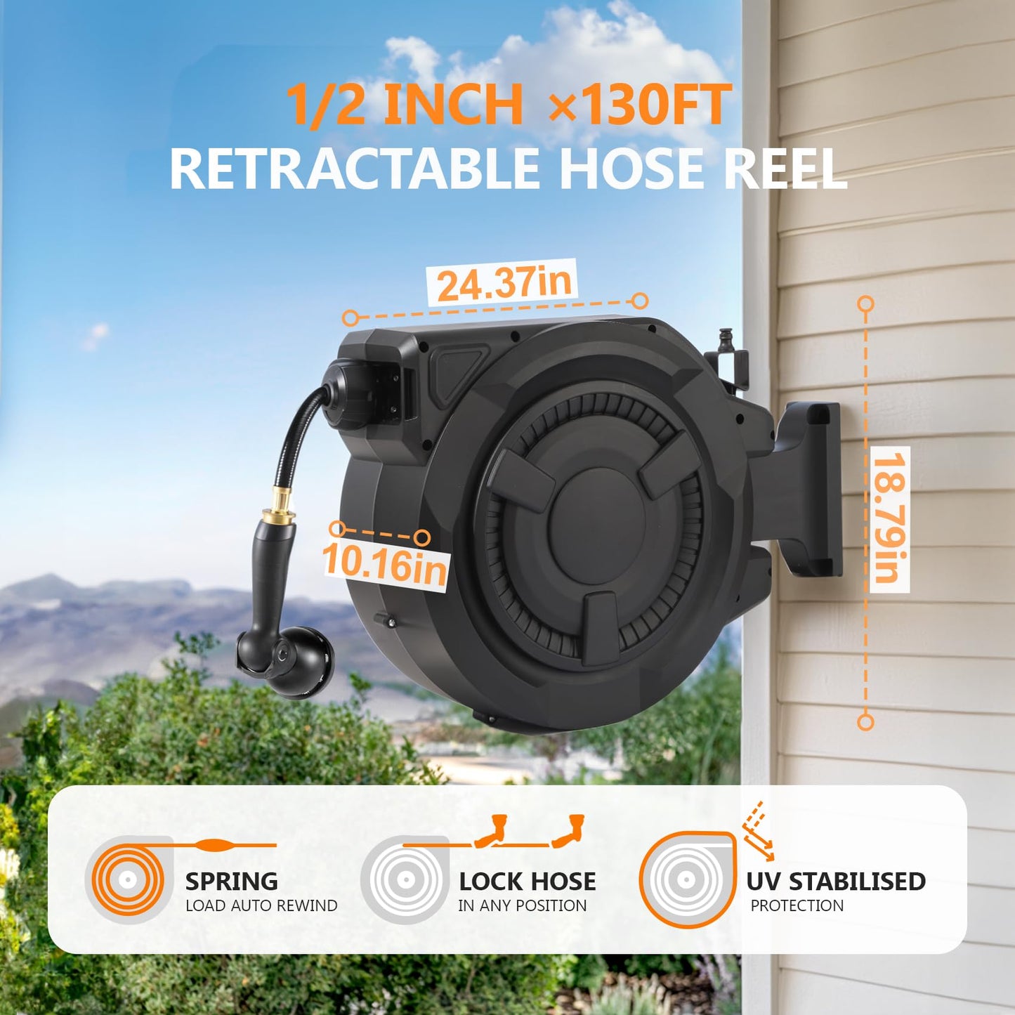wikiwiki Retractable Garden Hose Reel 1/2 in x 130 ft, Heavy Duty Wall Mounted Hose Reel with 10- Function Sprayer Nozzle, Automatic Slow Return System/180°Swivel Bracket/UV Resistant (Black)
