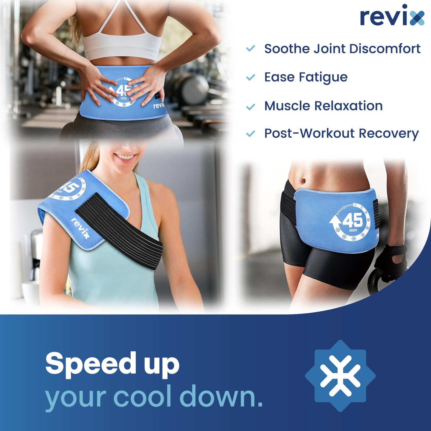 REVIX Ice Pack for Injuries Reusable (14 × 7") with Elastic Strap, 45-Minute Long-Lasting Gel Cold Pack for Knee, Shoulder, Back with Ice Grid Gel Design, Flexible Ice Wrap, Universal Use for Arm, Hip