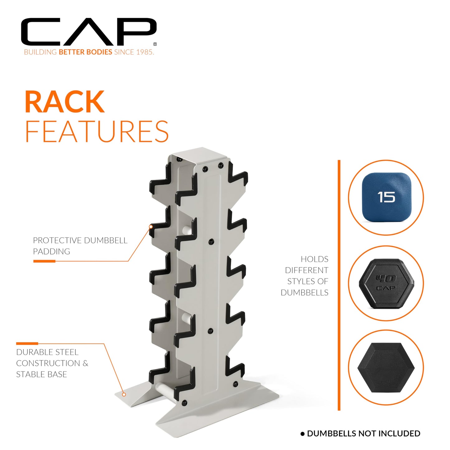 CAP 150 lb Dumbbell Set with Rack, Rubber Coated Hex Free Weight Set, Compact Vertical Storage, for Strength Training & Home Gym, Light Gray Rack