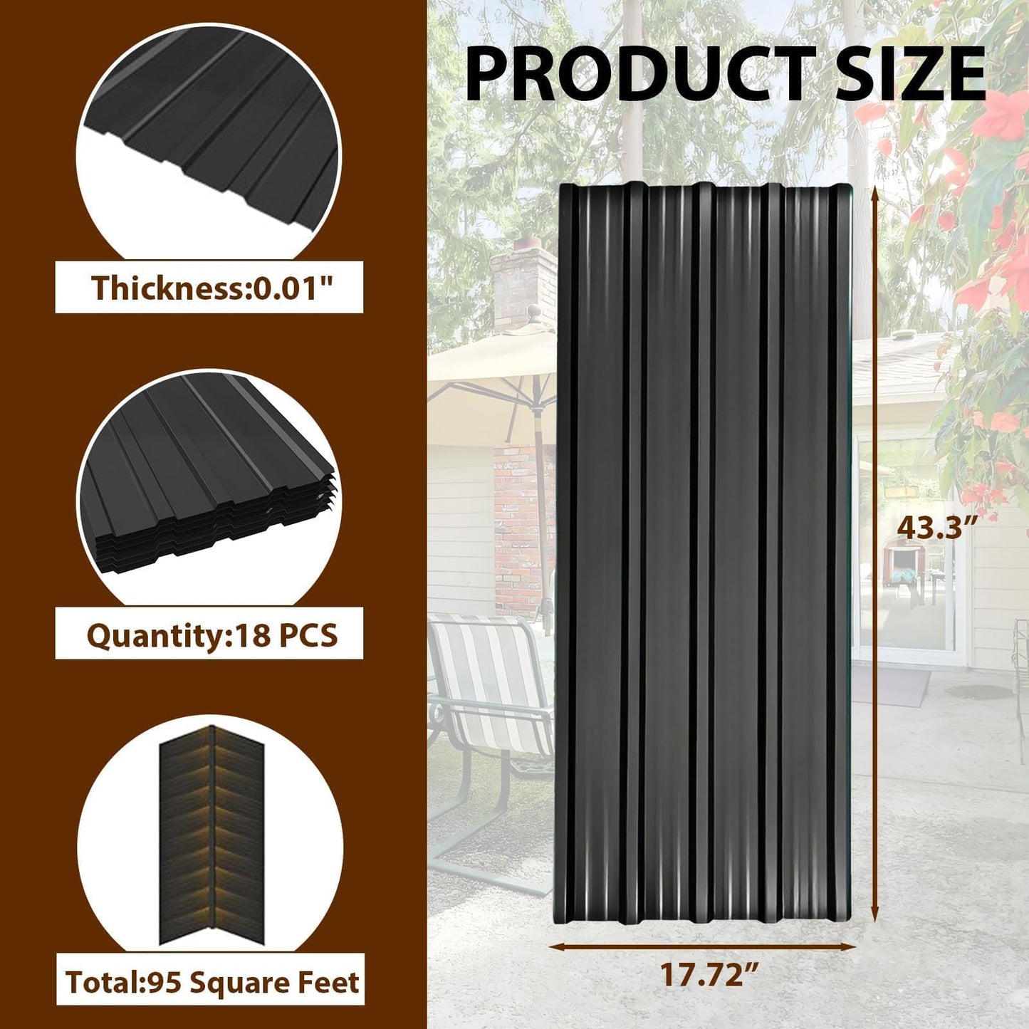18 Pcs Metal Roofing Panels, L43.3×W17.72 Inch Corrugated Galvanized Roofing Panels Metal Siding Panels with Steel Screws for Pergola, Gazebo, Shed, Outdoor Storage, Chicken Coop, Patio,Garages