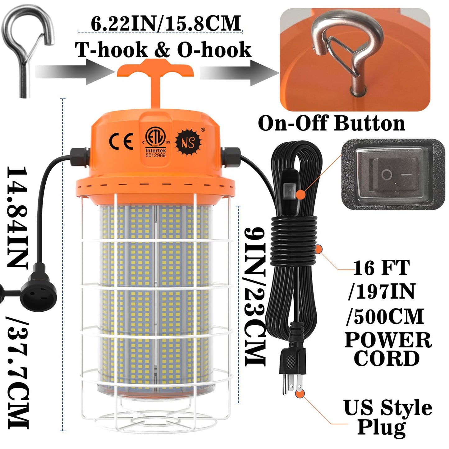 NS LED Temporary Work Light 400W 60000 LM, 5000K Daylight with 16-ft Cord & Hook, Waterproof, Orange - 26-Year Lifespan, 5-Yr Warranty, Chainable up to 20 (1-Pack) Construction JobSite Warehouse