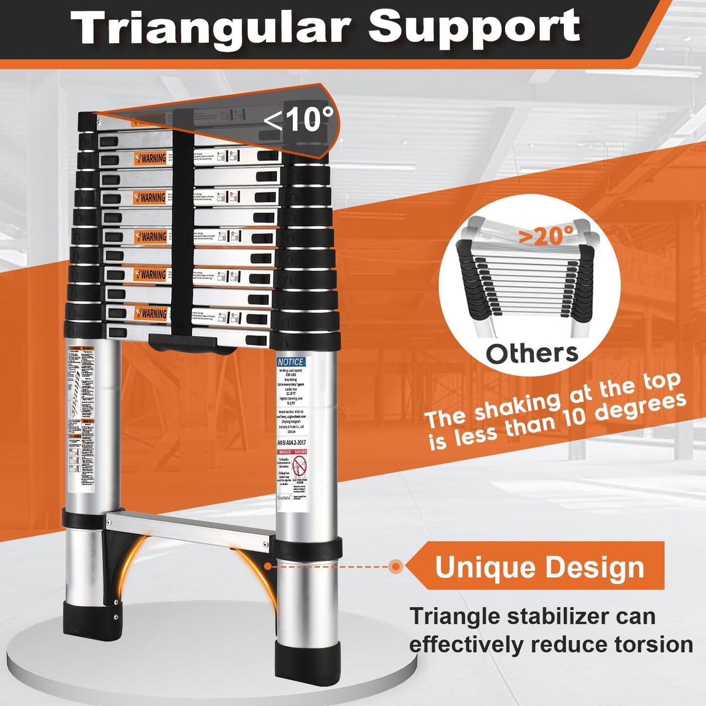Telescoping Ladder, SocTone 12.5 FT Aluminum Lightweight Extension Ladder with 2 Triangle Stabilizers, Heavy Duty 250lbs Max Capacity, Multi-Purpose Collapsible Ladder for RV or Outdoor Work
