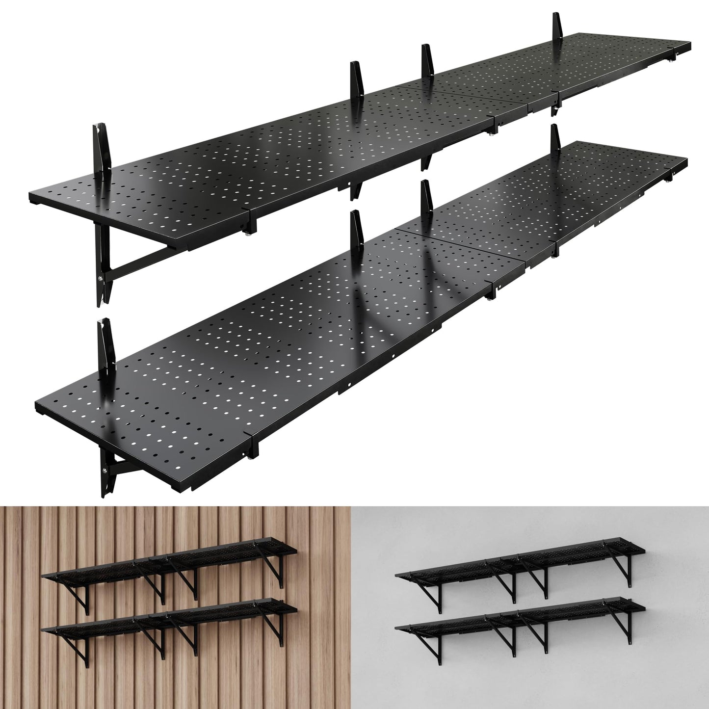 FLEXIMOUNTS 2-Pack 1x6ft Heavy Duty Garage Wall Shelving, Perforated Metal Garage Shelving Wall Mounted, 1400 lbs Capacity, Garage Organization System for Tools, Bins & Space Saving