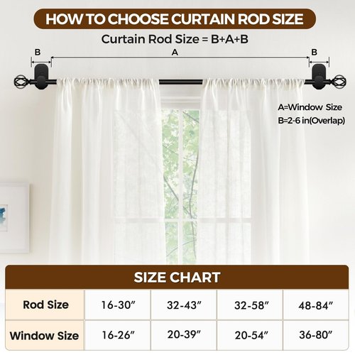 Curtain Rods No Drilling 48 to 84 Inch, 5/8 Inch Diameter No Drill Drapery Rod Set with Adhesive Brackets and Twiested Cage Finals, Bedroom Apartment Renter Friendly, Black