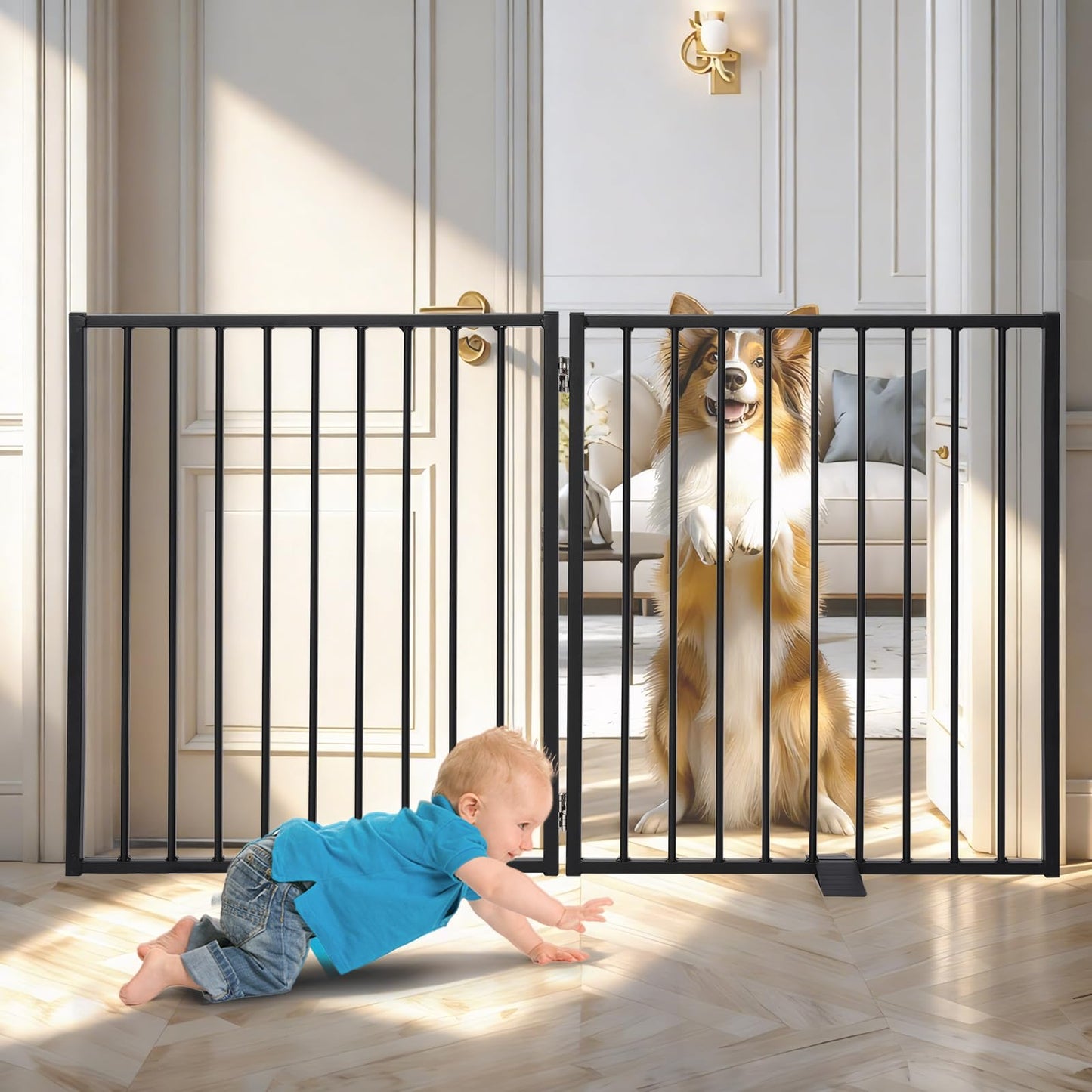 Snagle Paw Extra Wide Dog Gate,Free Standing Dog Fence with Door, Up to 52 Inch Wide Pet Gate with Support Feet for Stairs, Hallways, Doorways, Yard (Black, 2 Panels)