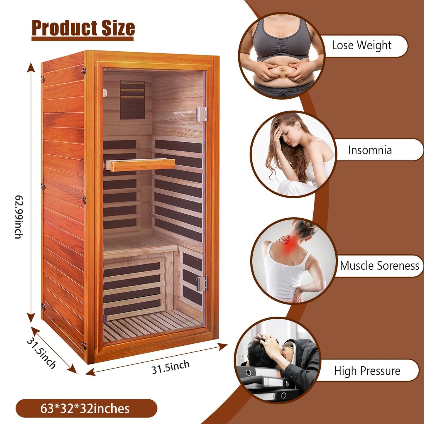 Infrared Sauna, Far Infrared Saunas for Home, Low EMF 1 Person Sauna Indoor Sauna Room Dry Sauna with Bluetooth Speakers 7 Color Light Therapy Fast Heating Easy Assembly 1065W/110V 31.5*31.5*63 IN