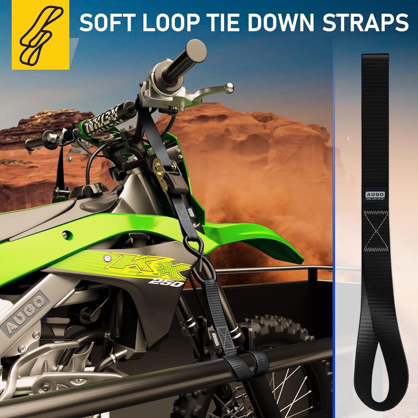 Soft Loop Tie Down Straps - 1,500 Load Capacity & 4,500 Lbs Breaking Strength - 6 Pack - Loops for Securing ATV, UTV, Motorcycles, Scooters, Dirt Bikes, Lawn & Garden Equipment - by AUGO