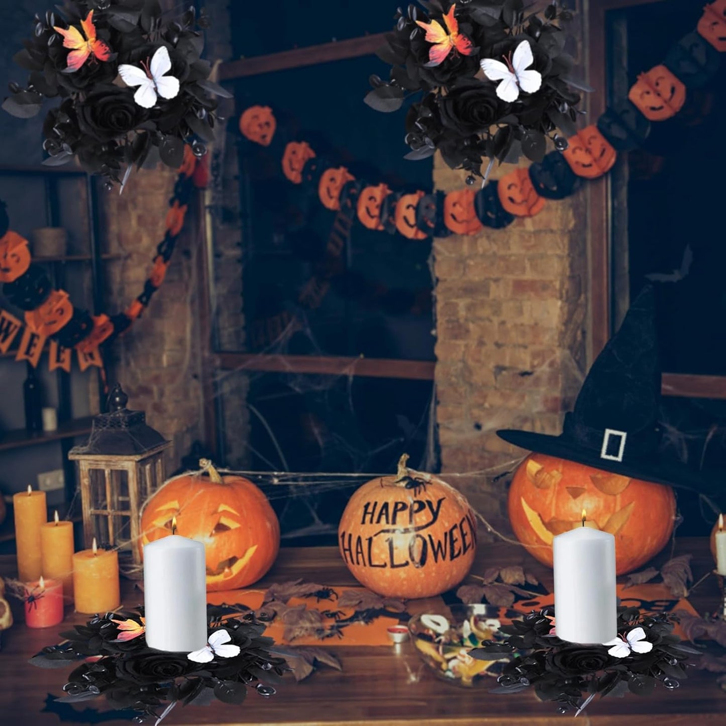 Regine Switzerland Halloween Rose Candle Ring Wreath - Gothic Black Floral with Butterfly & Artificial Leaves | Elegant Table Centerpiece
