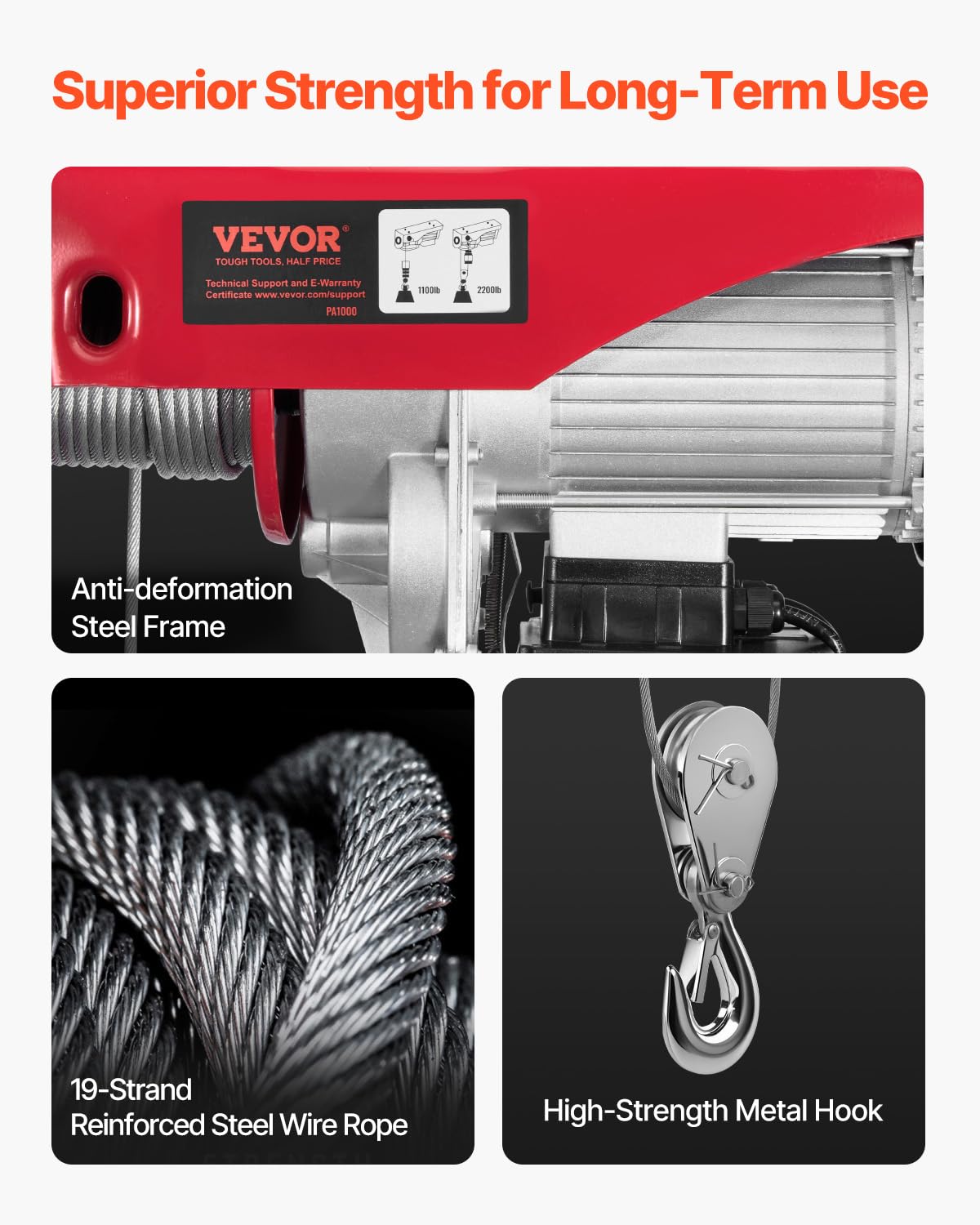 VEVOR Electric Hoist, 2200 lbs 120V Electric Winch with 328 ft Wireless & 14 ft Wired Remote Control, 40 ft Single Cable Lifting Height, Single/Double Slings, Lift Hoist for Garage Warehouse Factory