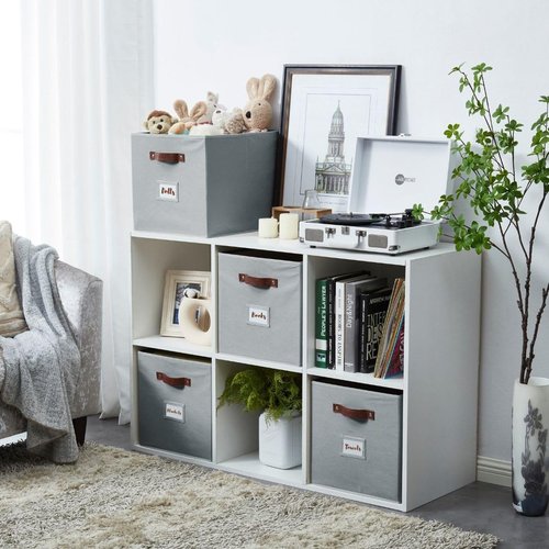 DECOMOMO Storage Baskets - 13x15x13 Cube Bins with Labels for Organized Shelves | Set of 4, Grey