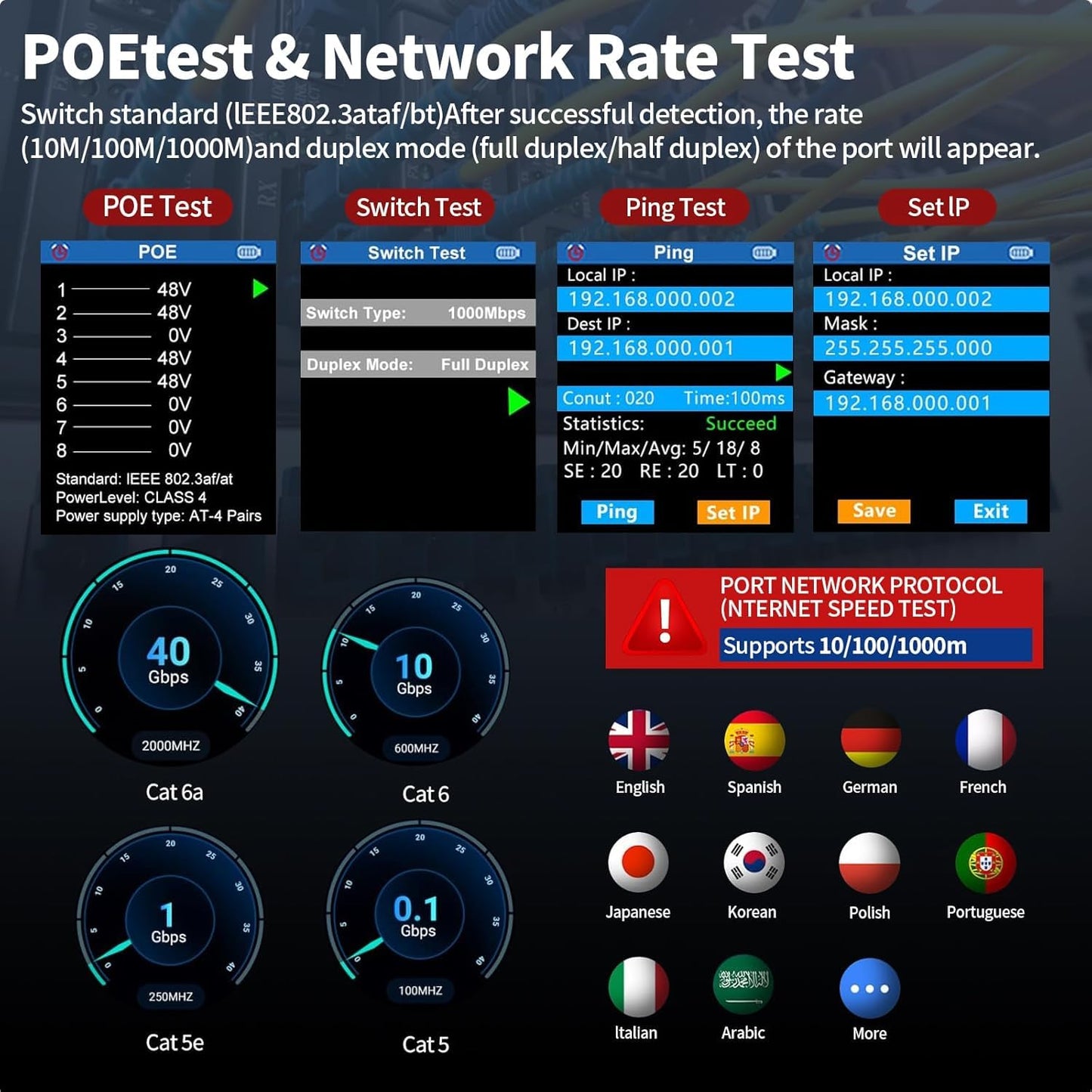 NOYAFA NF-8506 Network Cable Tester with RJ45 Crimp Tool, CAT5 CAT6 Network Tester, IP Scan, PoE Ping Test, Network Rate Test, Port Flashing, RJ45 RJ11 Ethernet Cable Tester with Crimper Stripper