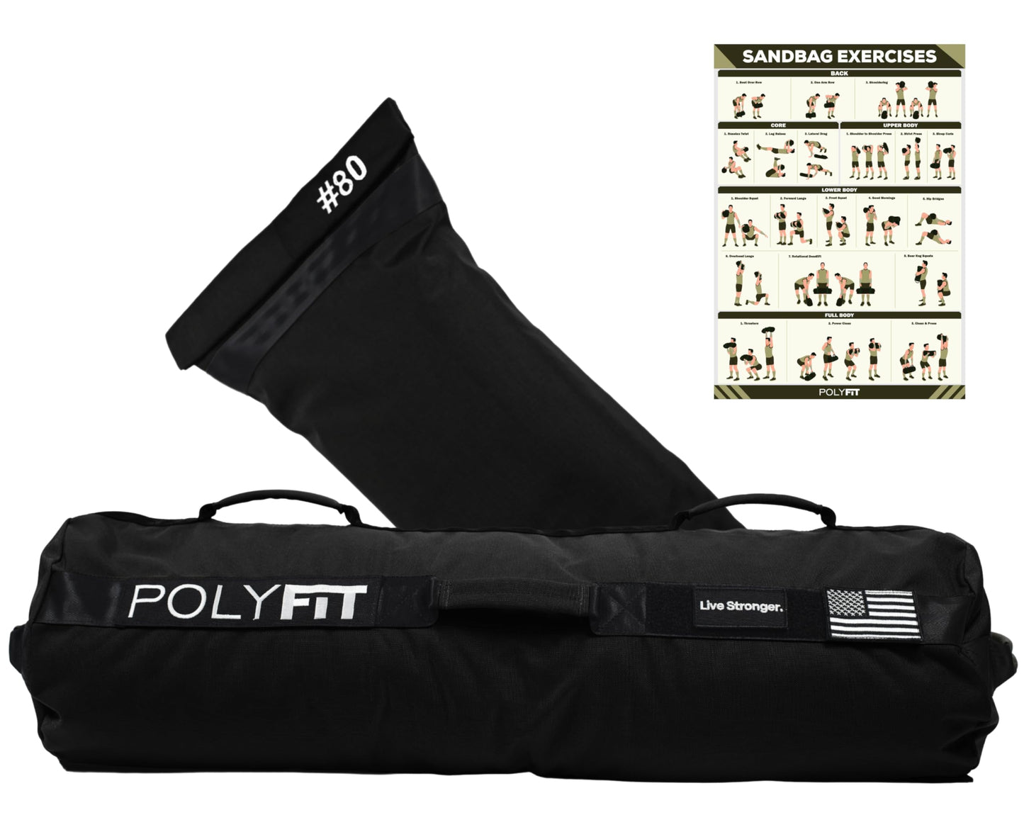 Polyfit Sandbag Pro - Workout Sandbag with Triple Closure Filler Bag and Reinforced Nylon Webbing - Black - 80LB