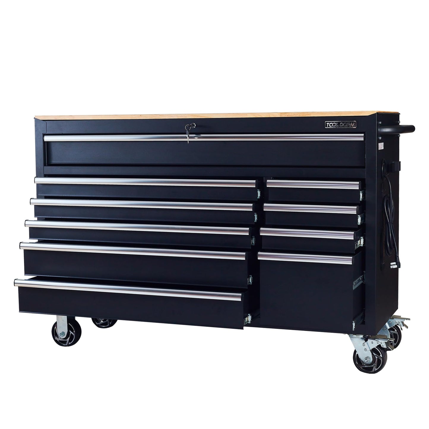 TOOL DORM Rolling Large Tool Chest 56-Inch 10 Drawers, Big Tool Chest with Drawers, Workbench with Wooden Top and Power Strip, Rolling Toolbox with Drawers and Locking System, Black